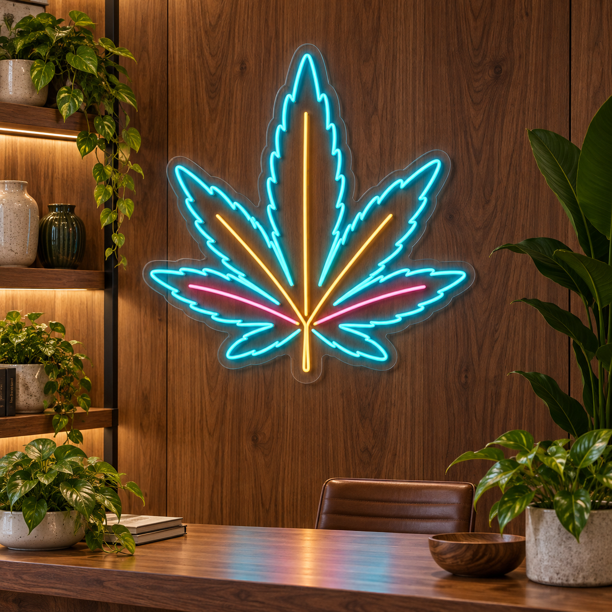 Cannabis Leaf LED Neon Sign for Dispensary Decor - interior setting