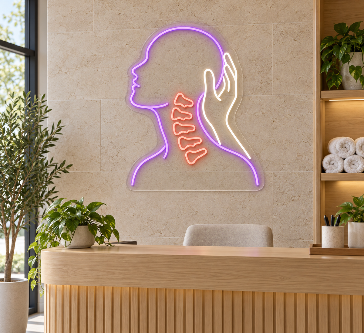 Neck Care & Helping Hand LED Neon Sign for Chiropractic Clinics - interior setting