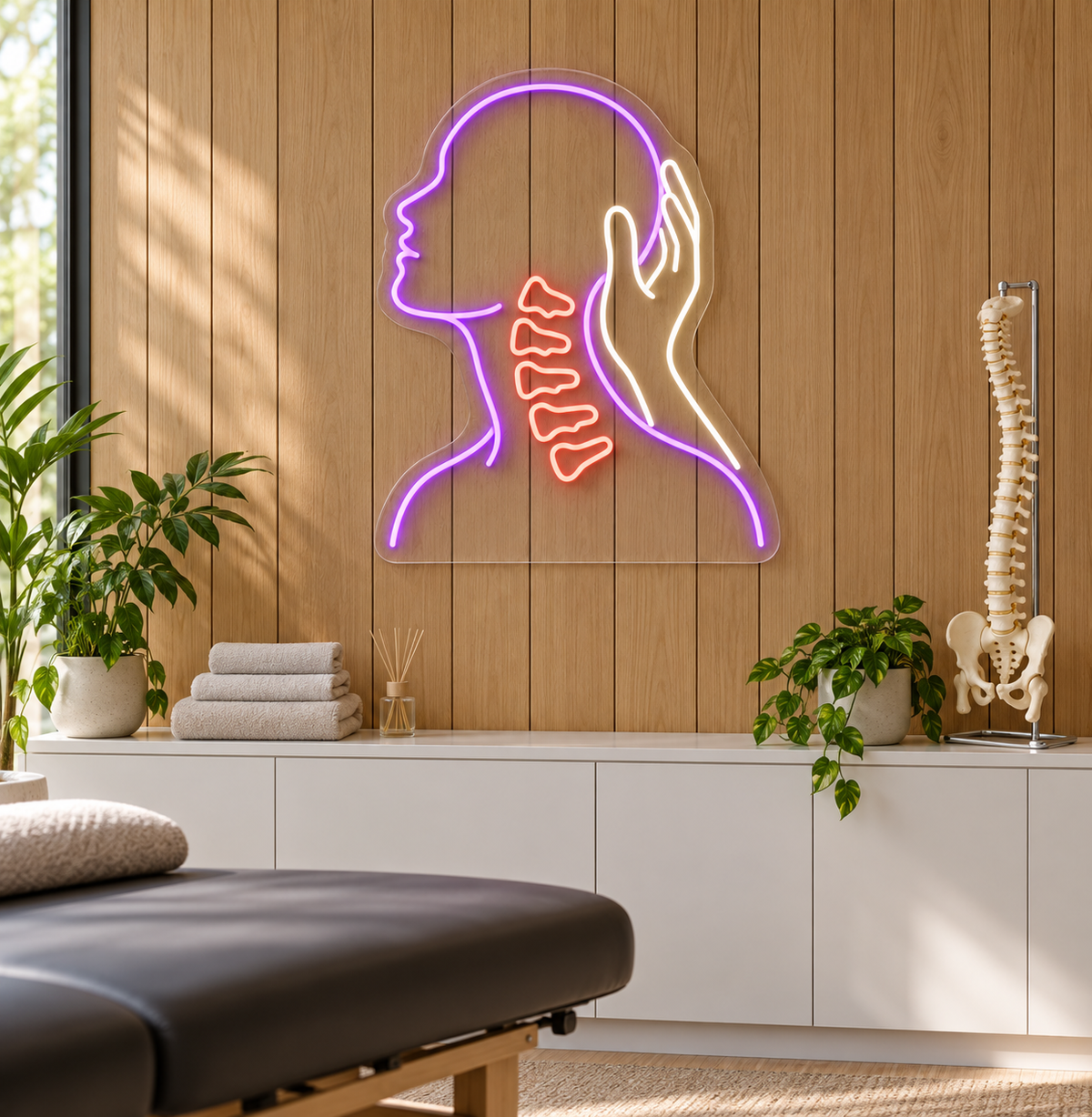 Neck Care & Helping Hand LED Neon Sign for Chiropractic Clinics - interior setting