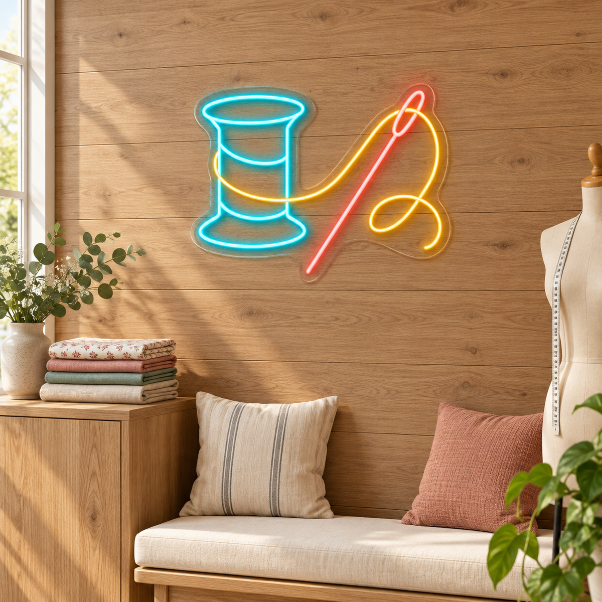 Needle & Thread LED Neon Sign for Sewing Schools - interior setting