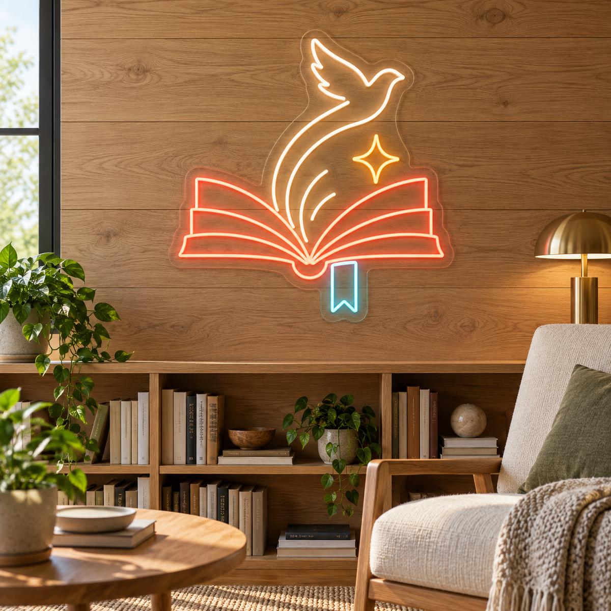 Open Book & Soaring Dove LED Neon Sign for Libraries - interior setting