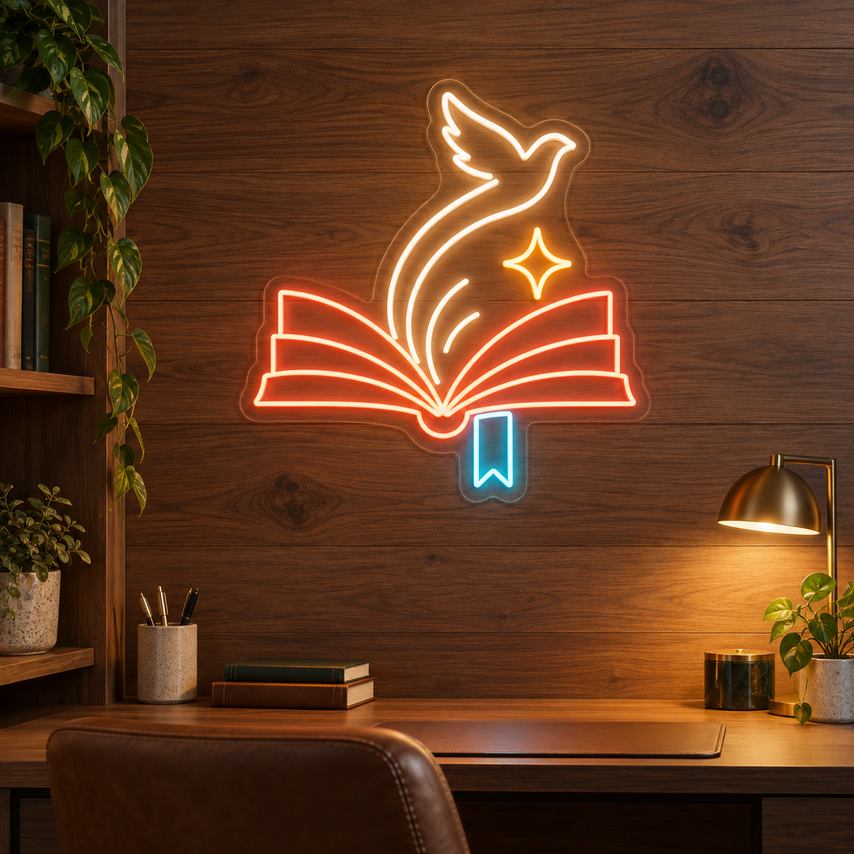 Open Book & Soaring Dove LED Neon Sign for Libraries - interior setting