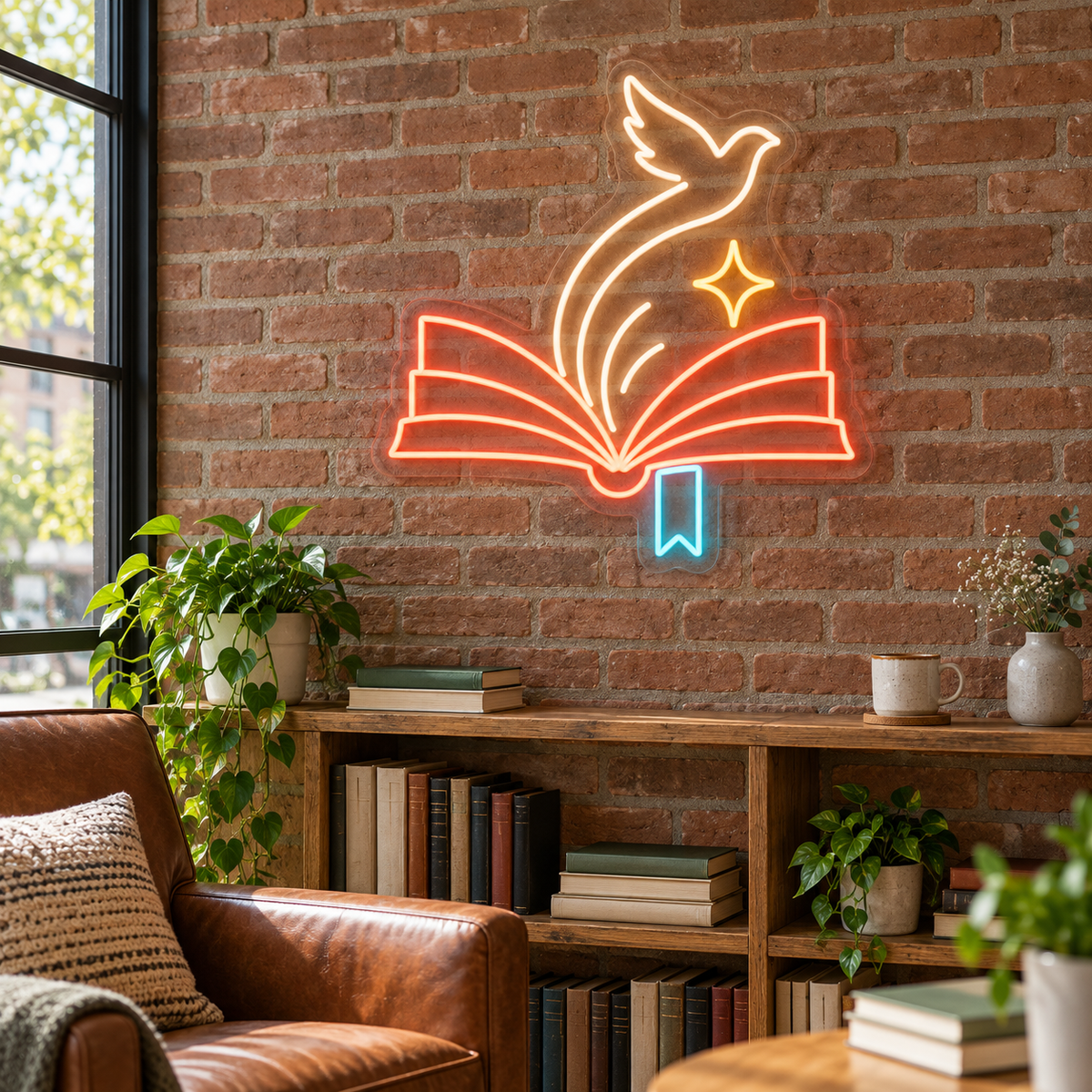 Open Book & Soaring Dove LED Neon Sign for Libraries - interior setting