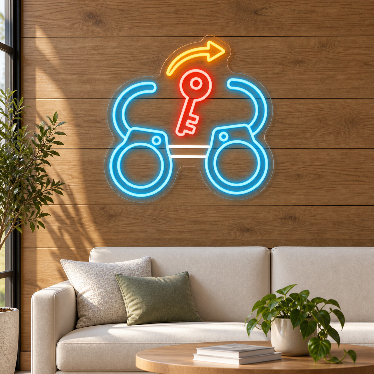 Open Handcuffs & Key LED Neon Sign for Bail Bond Offices - interior setting