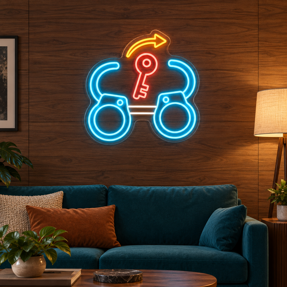 Open Handcuffs & Key LED Neon Sign for Bail Bond Offices - interior setting