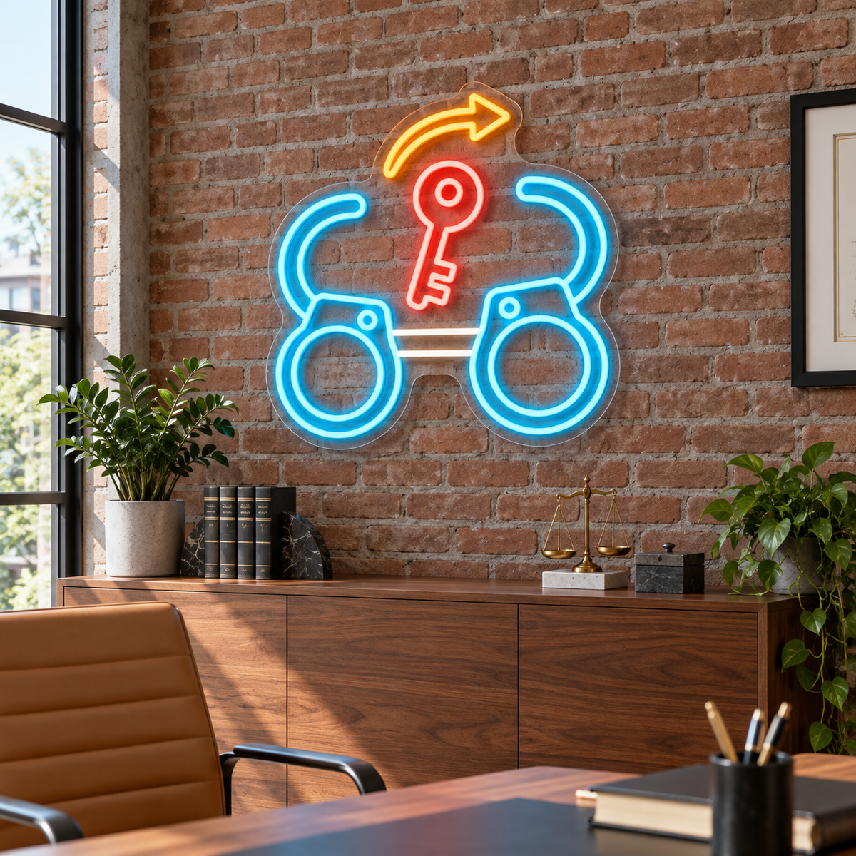 Open Handcuffs & Key LED Neon Sign for Bail Bond Offices - interior setting