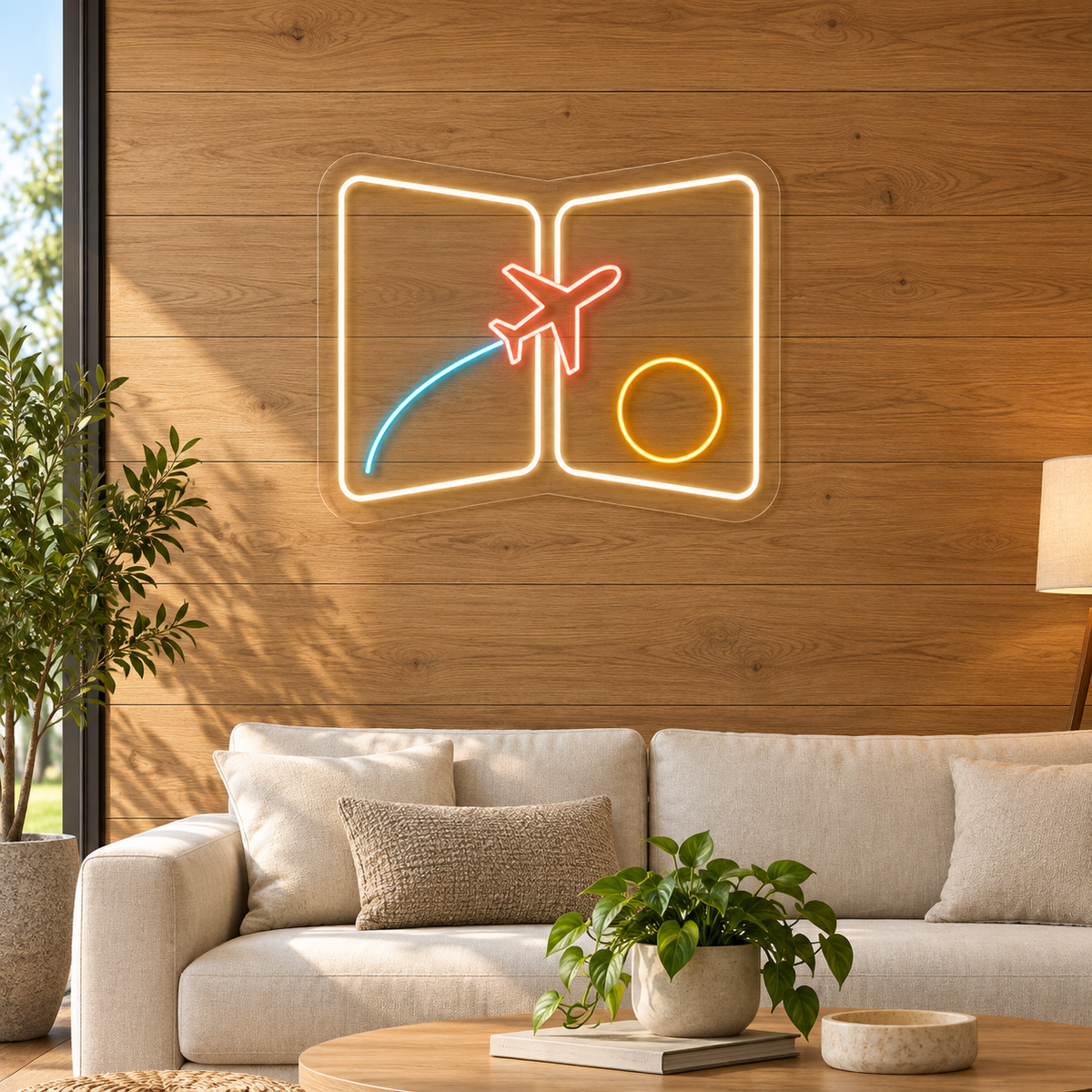 Open Passport & Airplane LED Neon Sign for Passport & Visa Services - interior setting