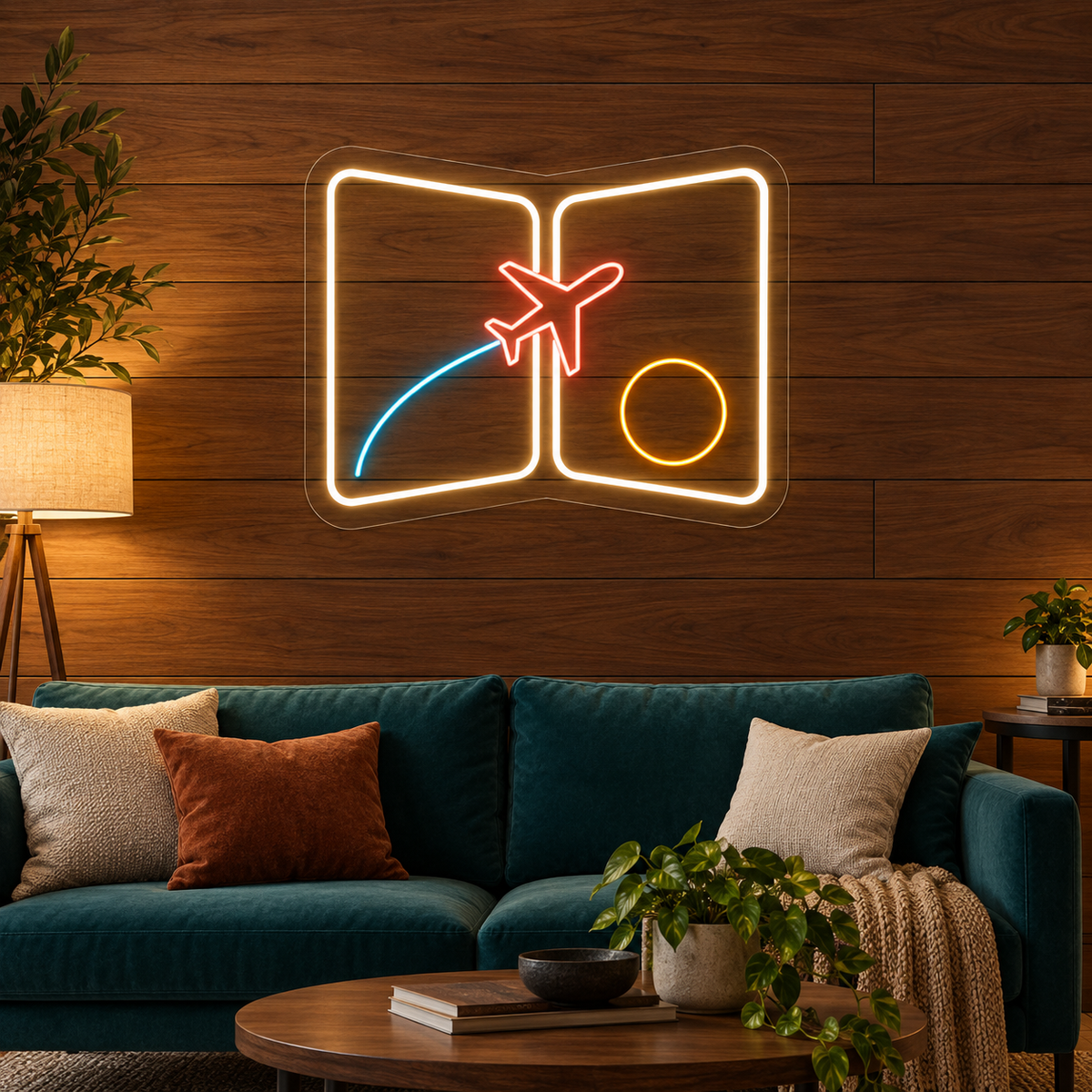 Open Passport & Airplane LED Neon Sign for Passport & Visa Services - interior setting
