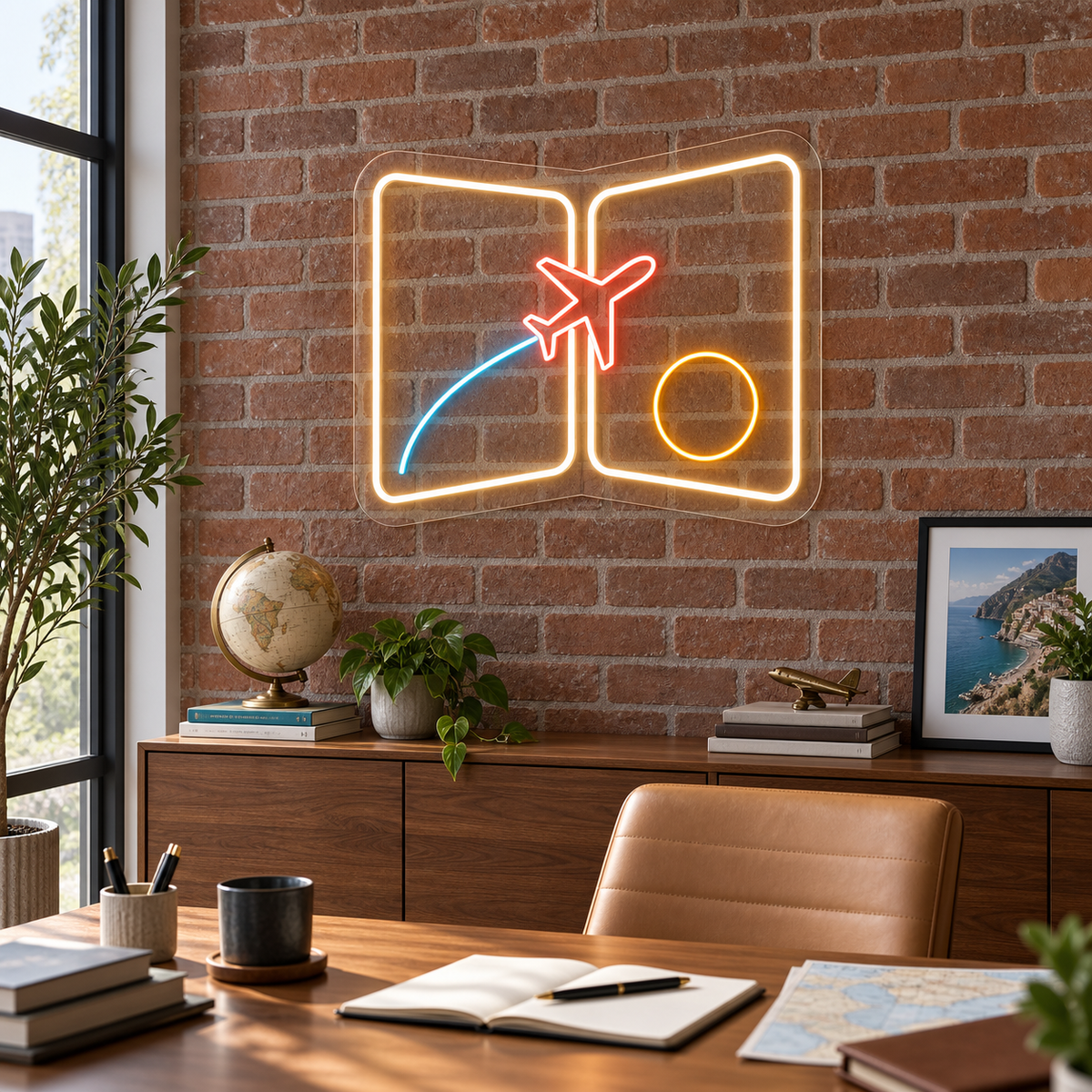 Open Passport & Airplane LED Neon Sign for Passport & Visa Services - interior setting