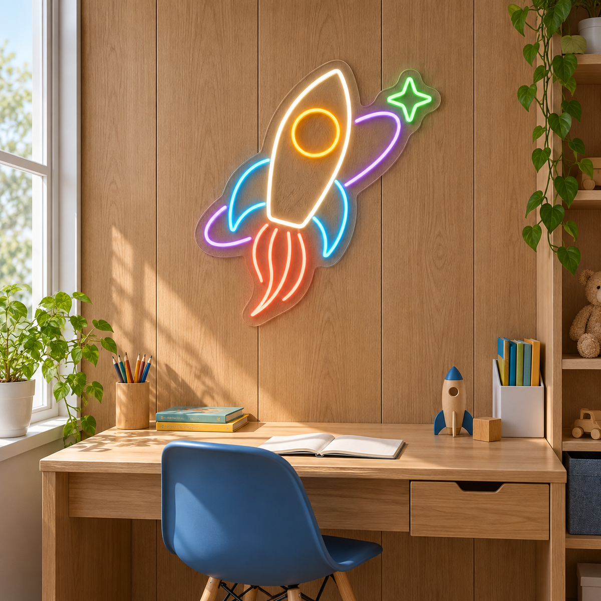 Rocket & Orbit LED Neon Sign for Indoor Playgrounds - interior setting