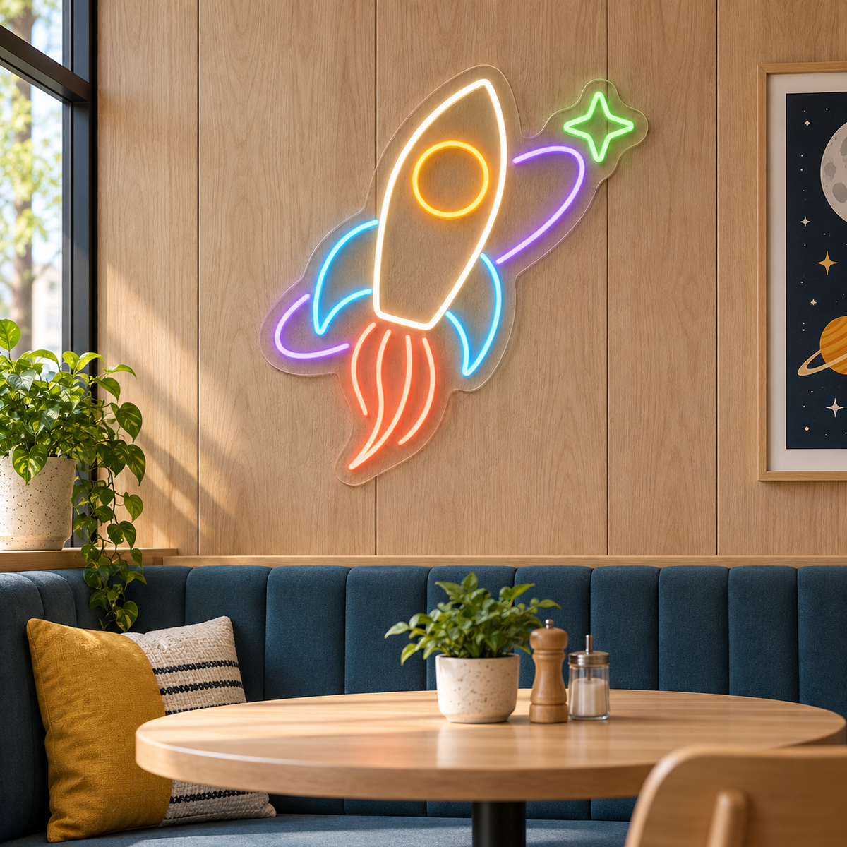 Rocket & Orbit LED Neon Sign for Indoor Playgrounds - interior setting