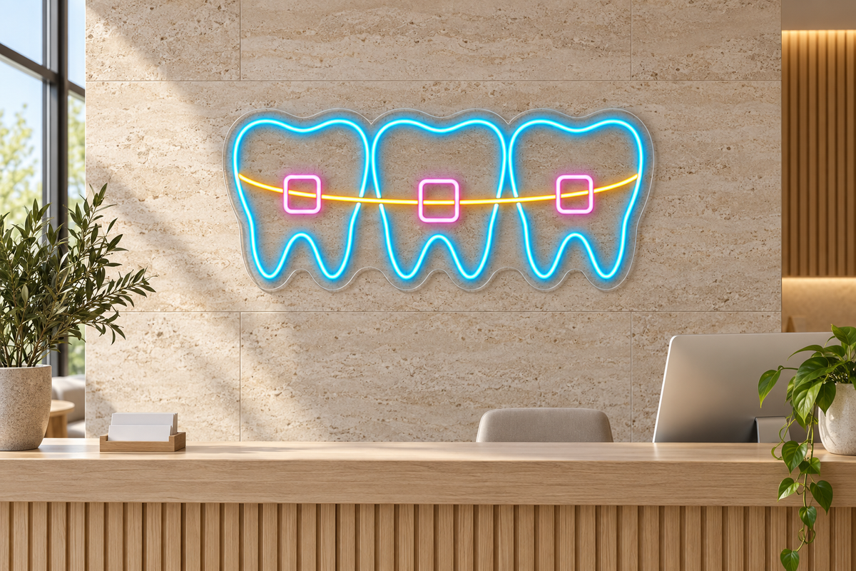 Braces & Three Teeth LED Neon Sign for Orthodontic Clinics - interior setting