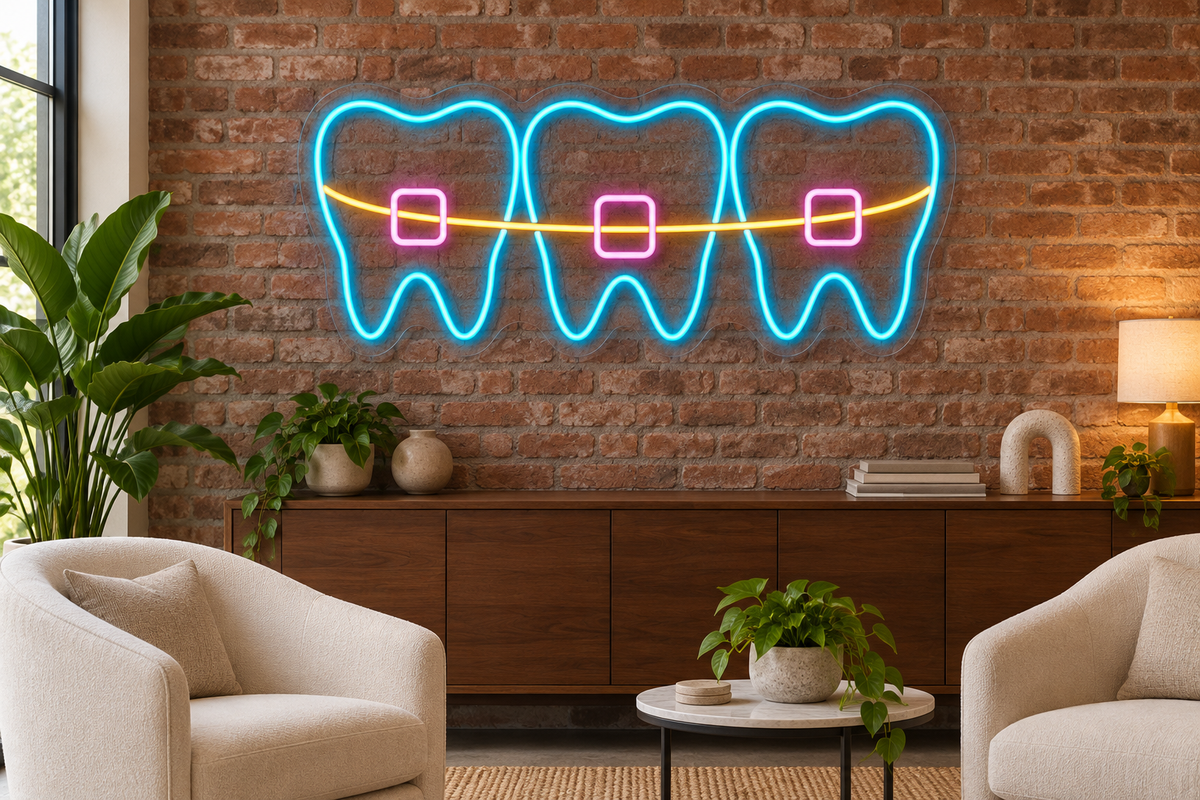 Braces & Three Teeth LED Neon Sign for Orthodontic Clinics - interior setting