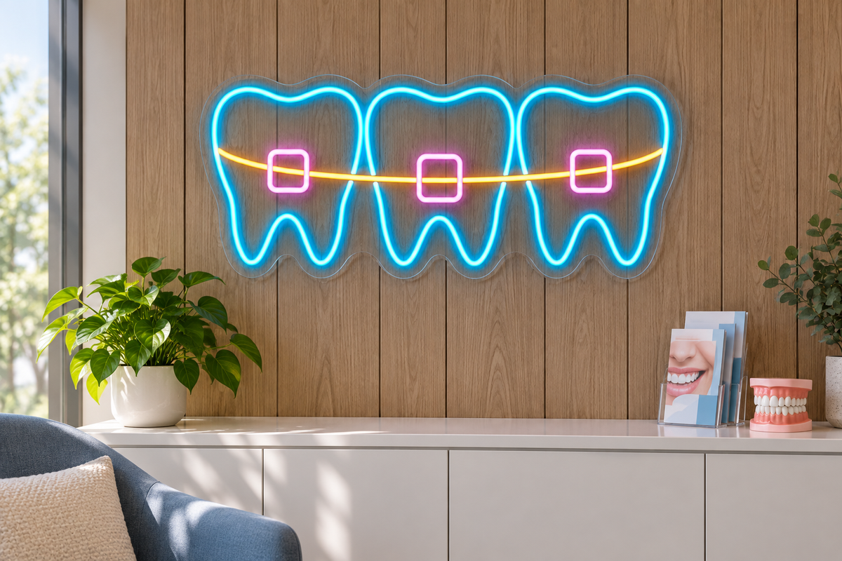 Braces & Three Teeth LED Neon Sign for Orthodontic Clinics - interior setting