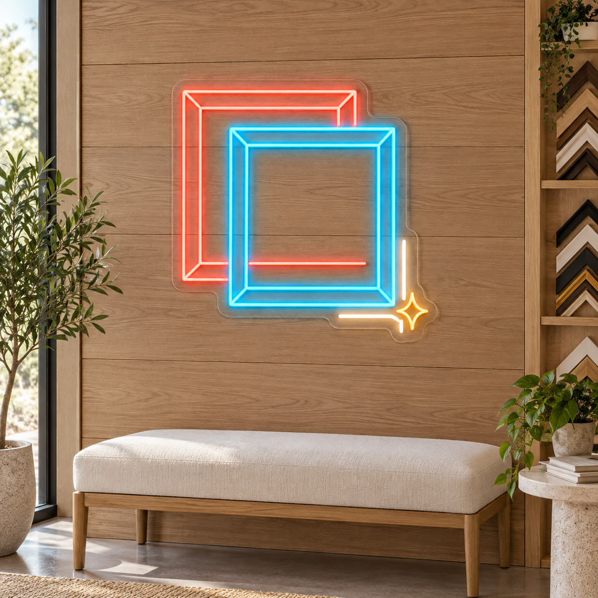 Overlapping Picture Frames & Sparkle LED Neon Sign for Frame Shops - interior setting