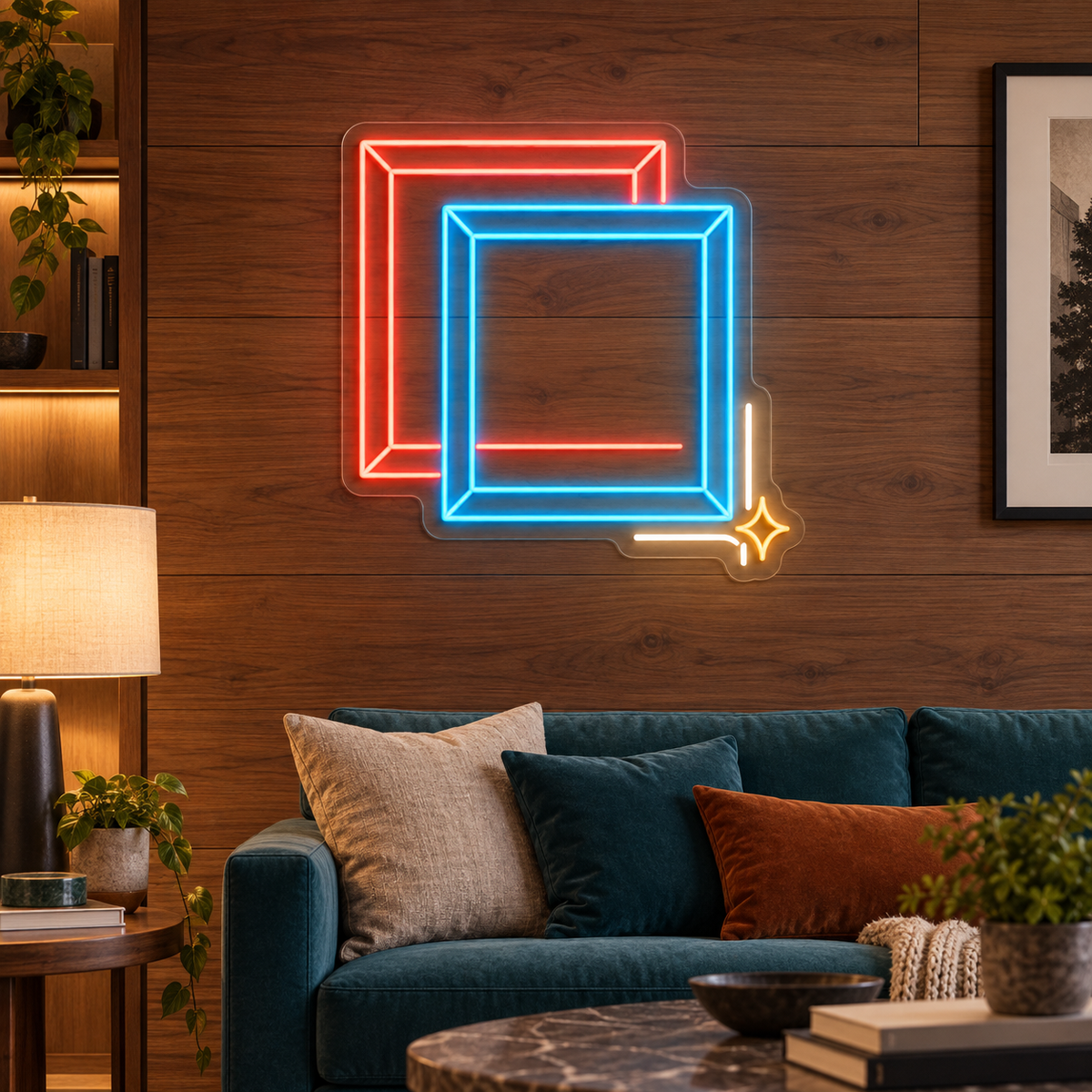 Overlapping Picture Frames & Sparkle LED Neon Sign for Frame Shops - interior setting