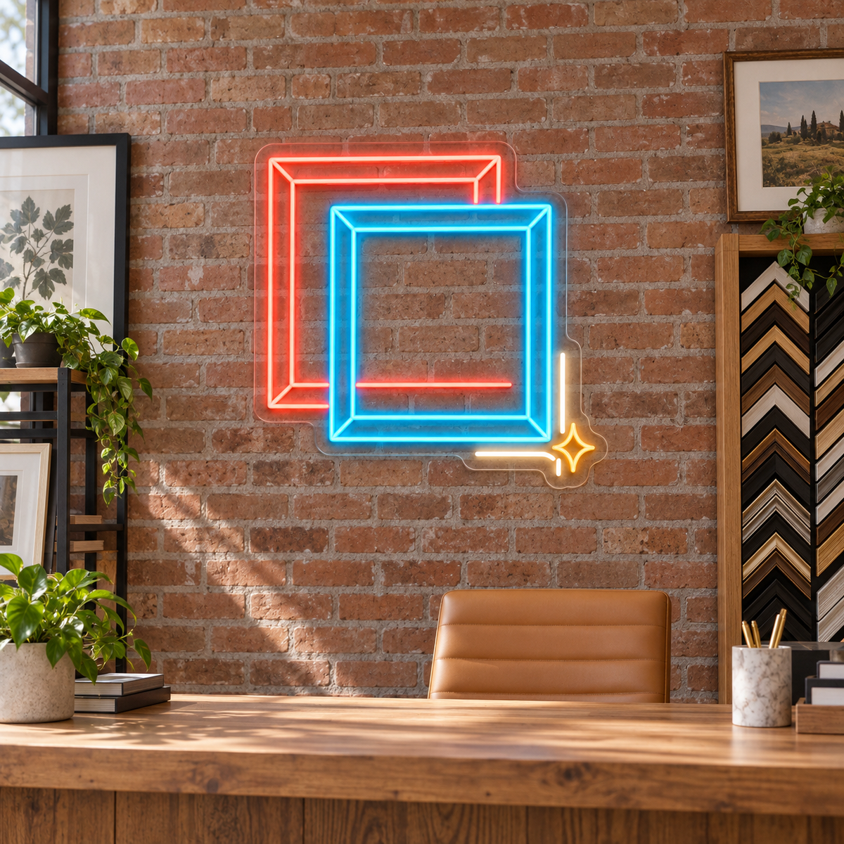 Overlapping Picture Frames & Sparkle LED Neon Sign for Frame Shops - interior setting