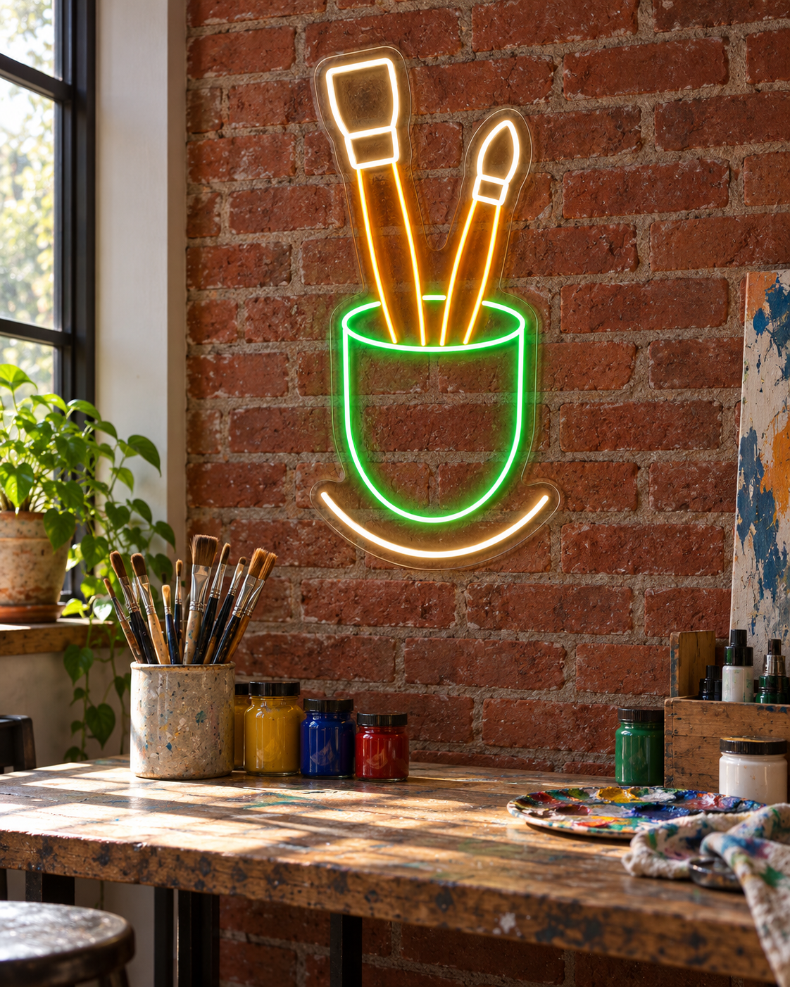 Paintbrush Cup LED Neon Sign for Art Supply Shops - interior setting