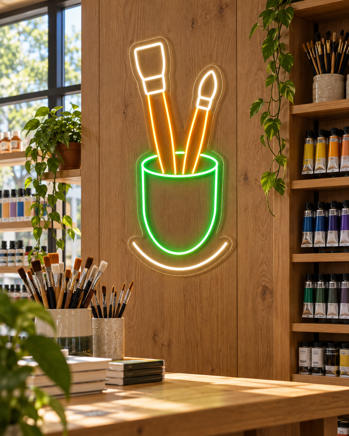 Paintbrush Cup LED Neon Sign for Art Supply Shops - interior setting