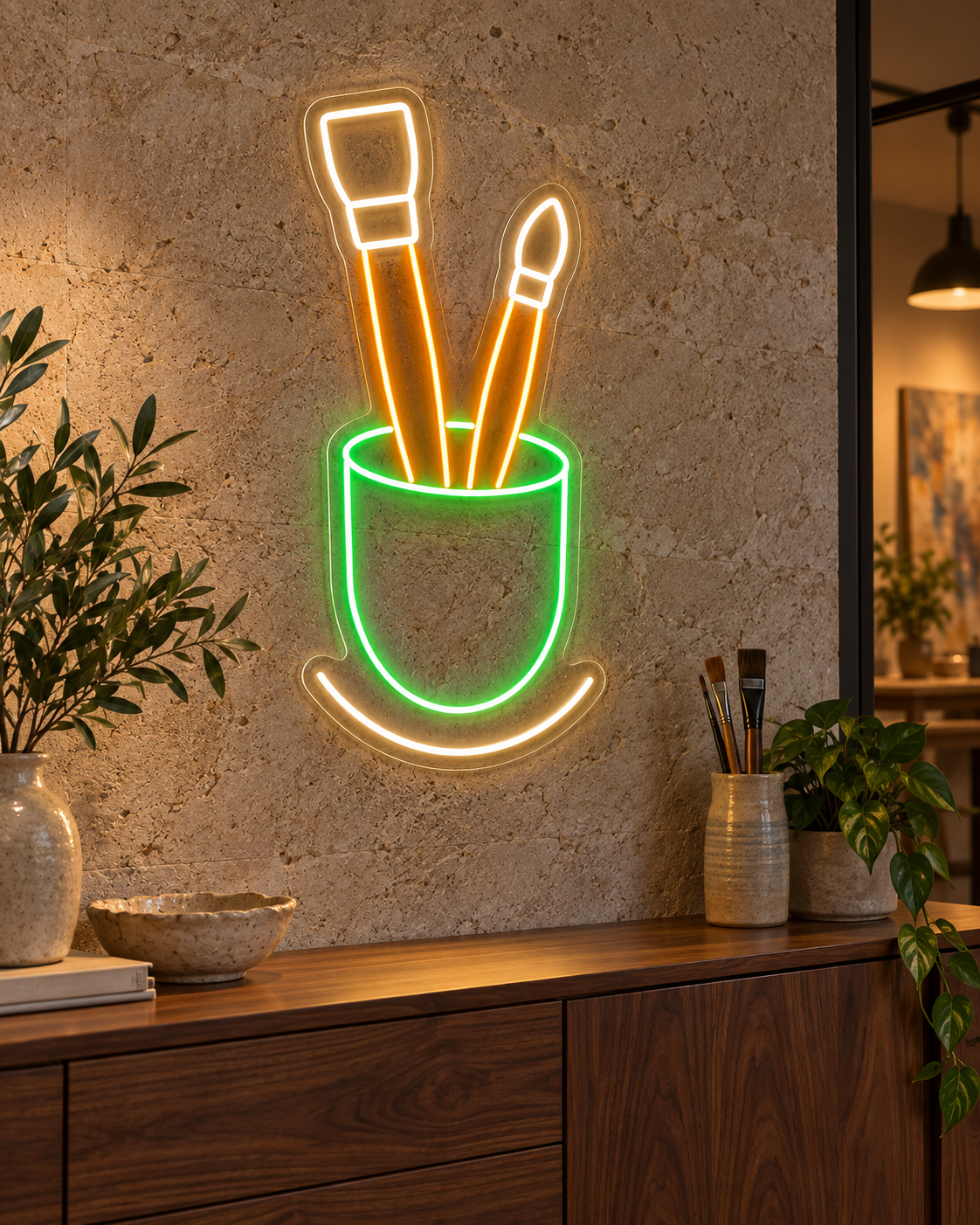 Paintbrush Cup LED Neon Sign for Art Supply Shops - interior setting