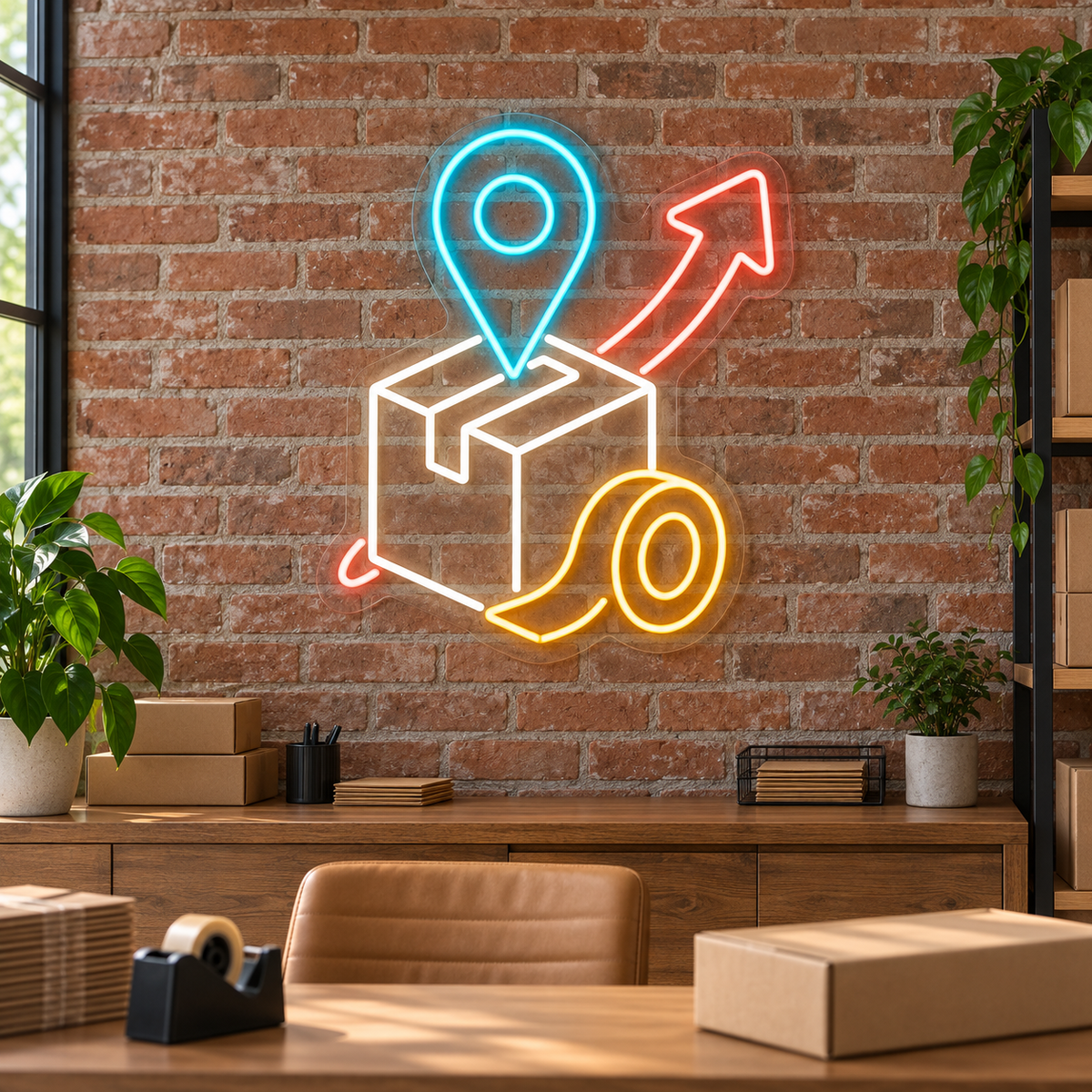 Parcel & Location Pin LED Neon Sign for Shipping Shops - interior setting