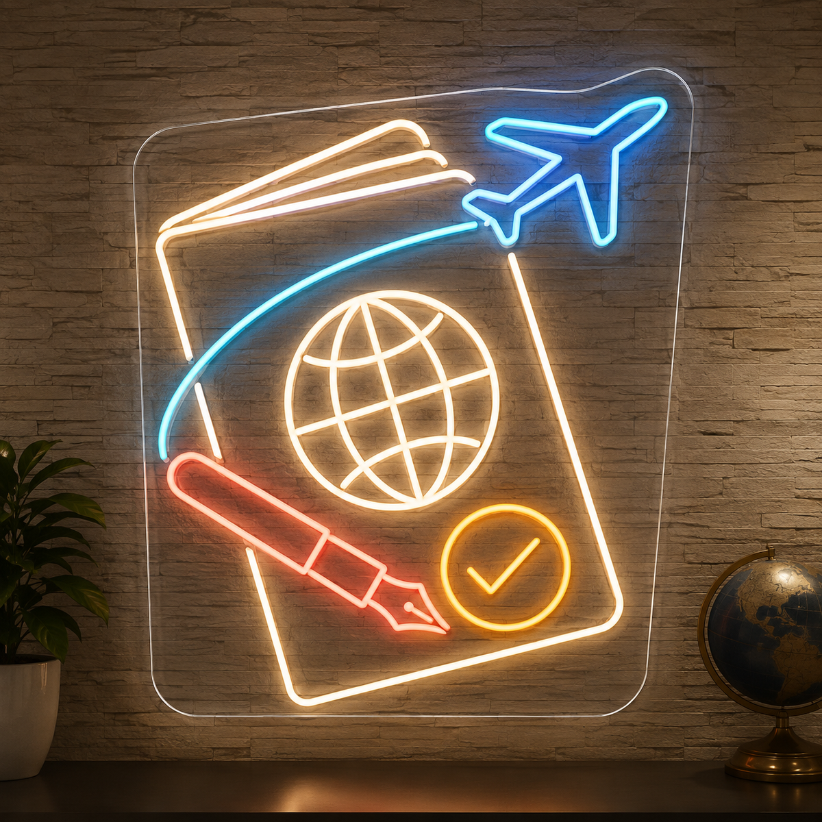 Passport & Globe LED Neon Sign for Passport & Visa Services - design reference