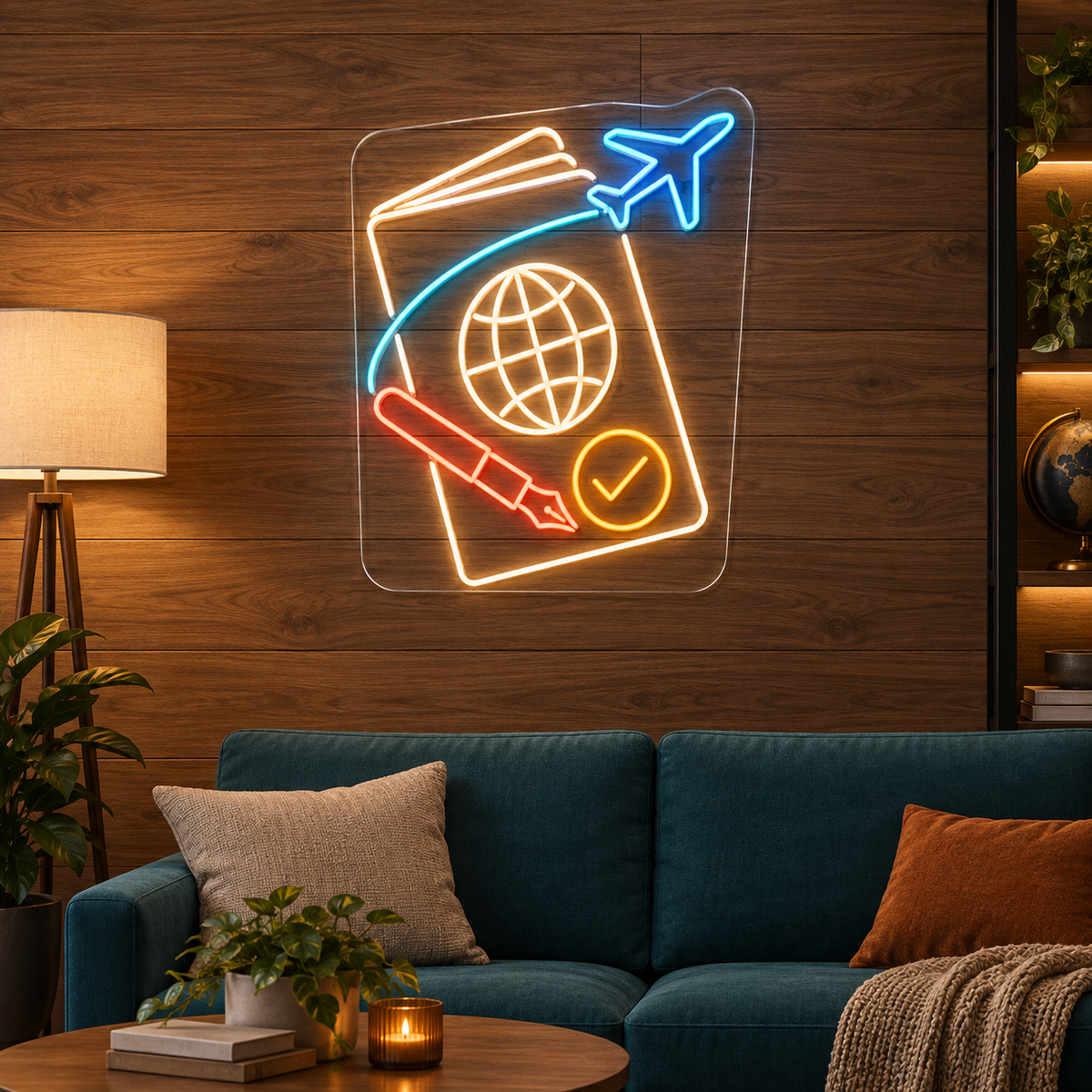 Passport & Globe LED Neon Sign for Passport & Visa Services - interior setting