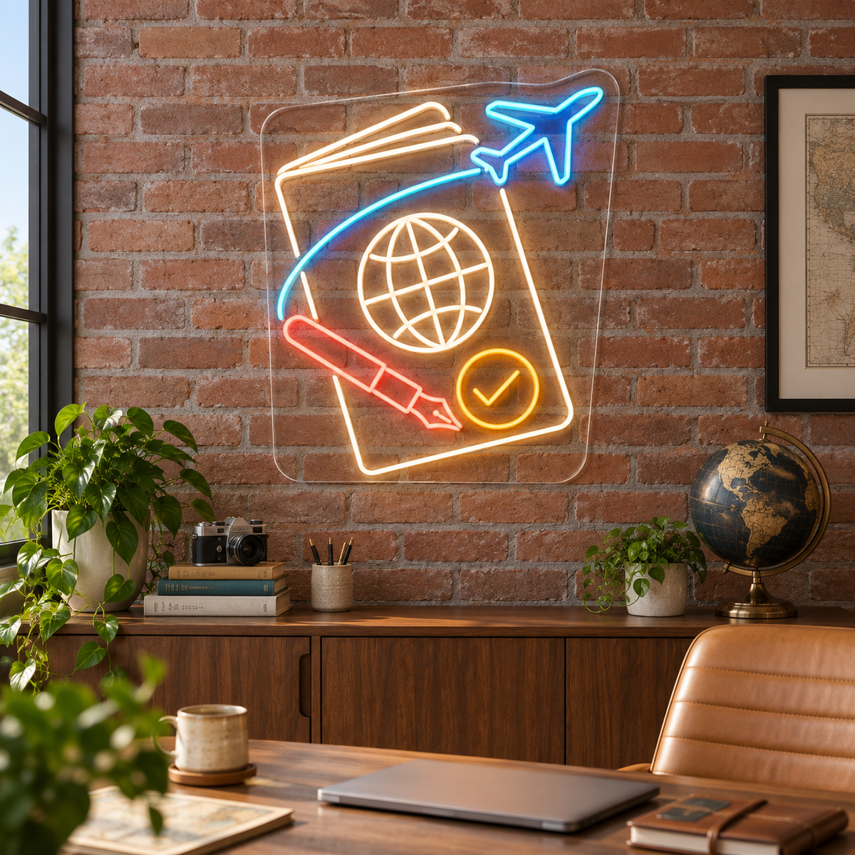 Passport & Globe LED Neon Sign for Passport & Visa Services - interior setting