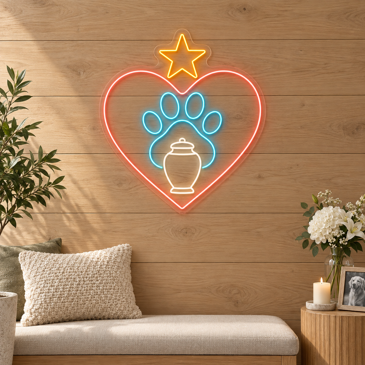 Pet Memorial Heart & Paw LED Neon Sign for Pet Memorial Spaces - interior setting