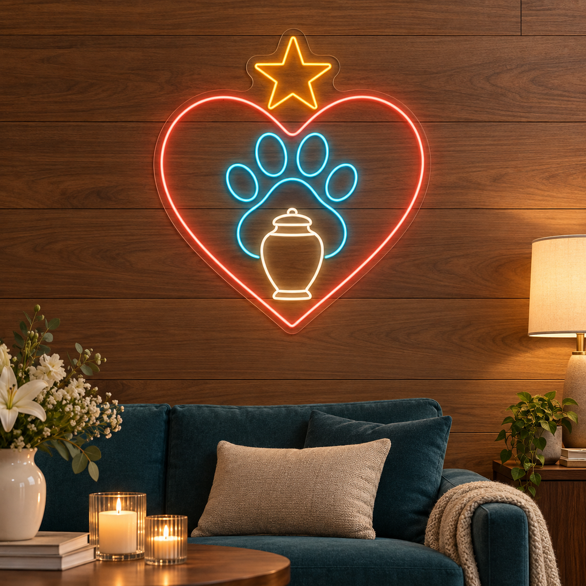 Pet Memorial Heart & Paw LED Neon Sign for Pet Memorial Spaces - interior setting