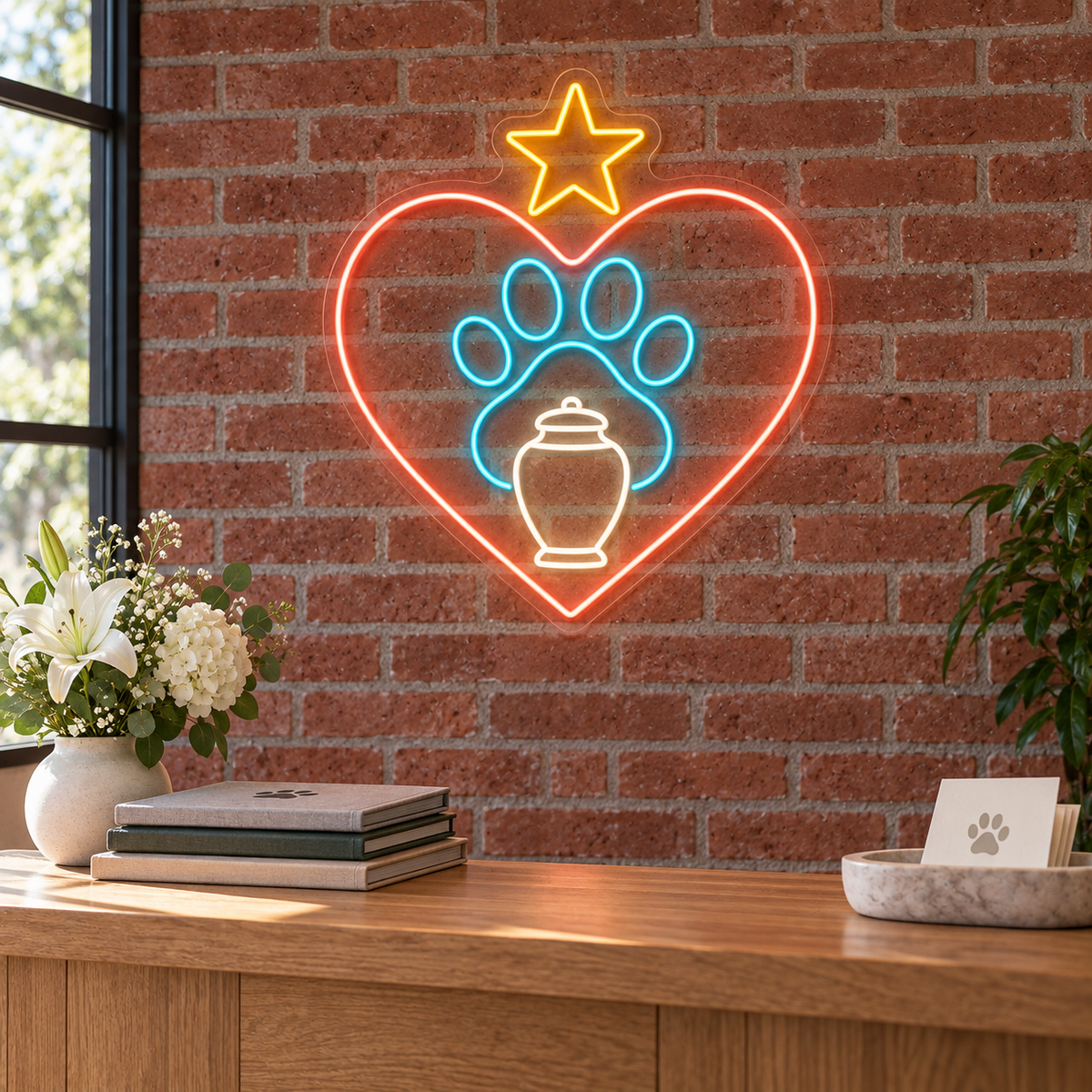 Pet Memorial Heart & Paw LED Neon Sign for Pet Memorial Spaces - interior setting