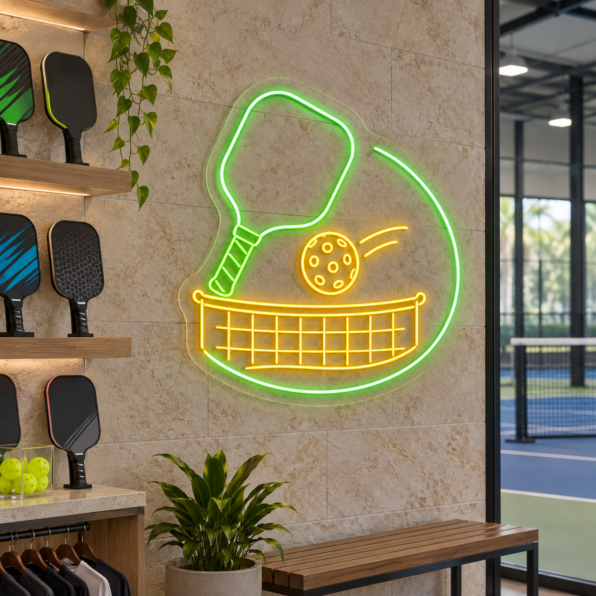 Pickleball Paddle Ball and Net LED Neon Sign for Pickleball Spaces - interior setting