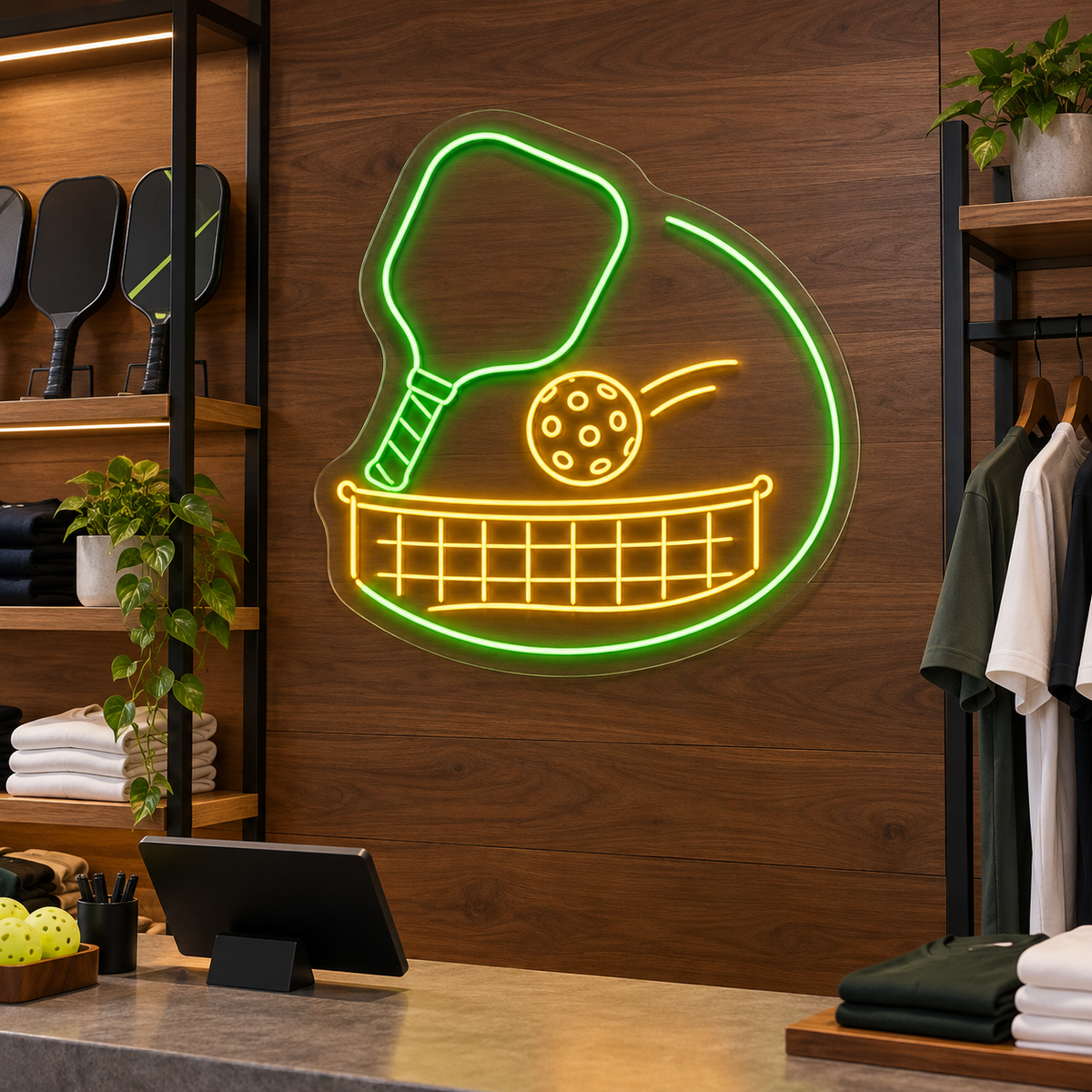 Pickleball Paddle Ball and Net LED Neon Sign for Pickleball Spaces - interior setting