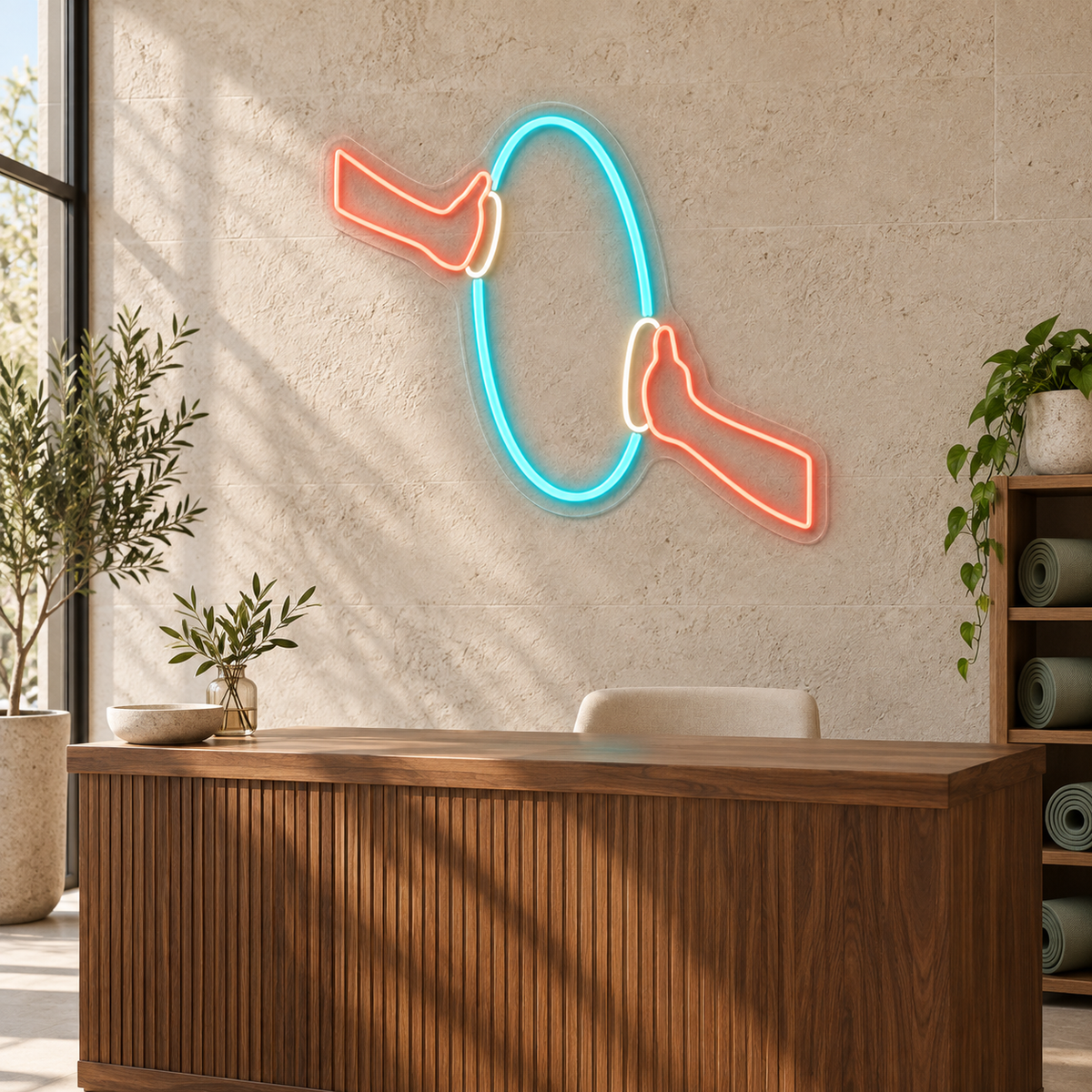 Pilates Ring & Hands LED Neon Sign for Pilates Studios - interior setting
