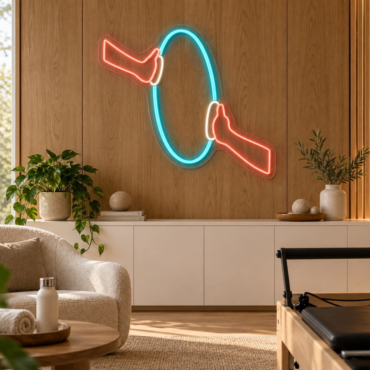Pilates Ring & Hands LED Neon Sign for Pilates Studios - interior setting