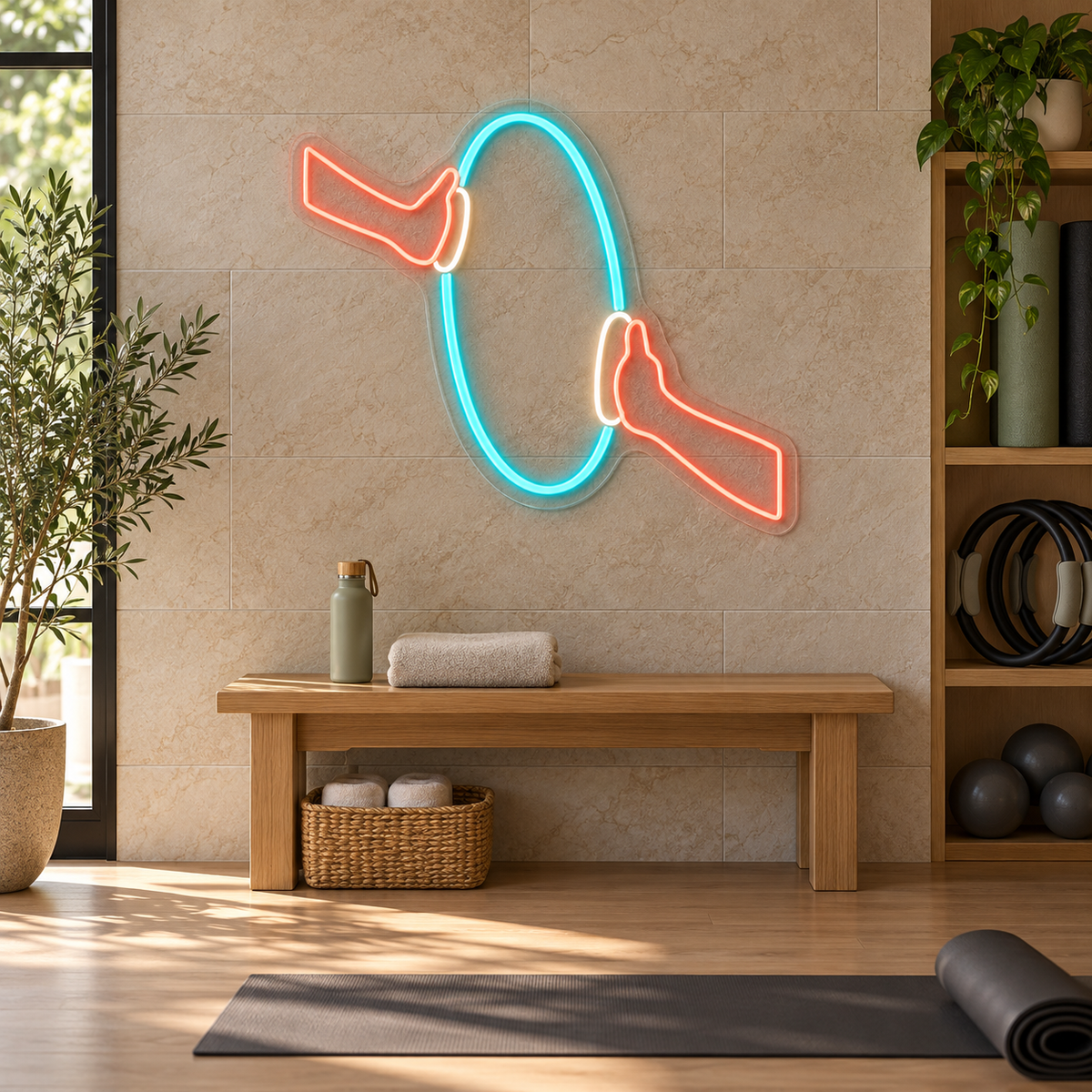 Pilates Ring & Hands LED Neon Sign for Pilates Studios - interior setting
