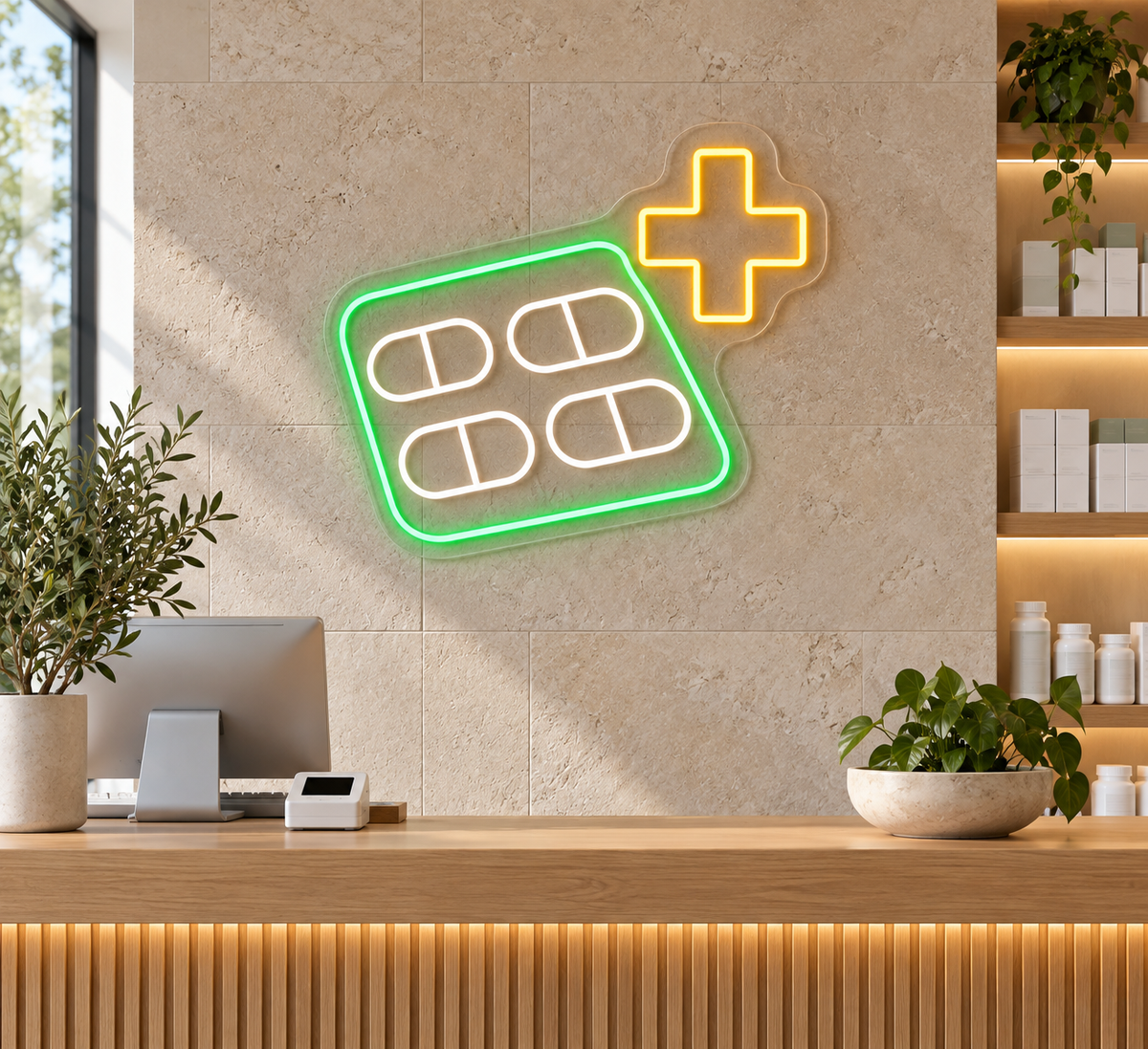 Pill Pack & Medical Cross LED Neon Sign for Pharmacies - interior setting