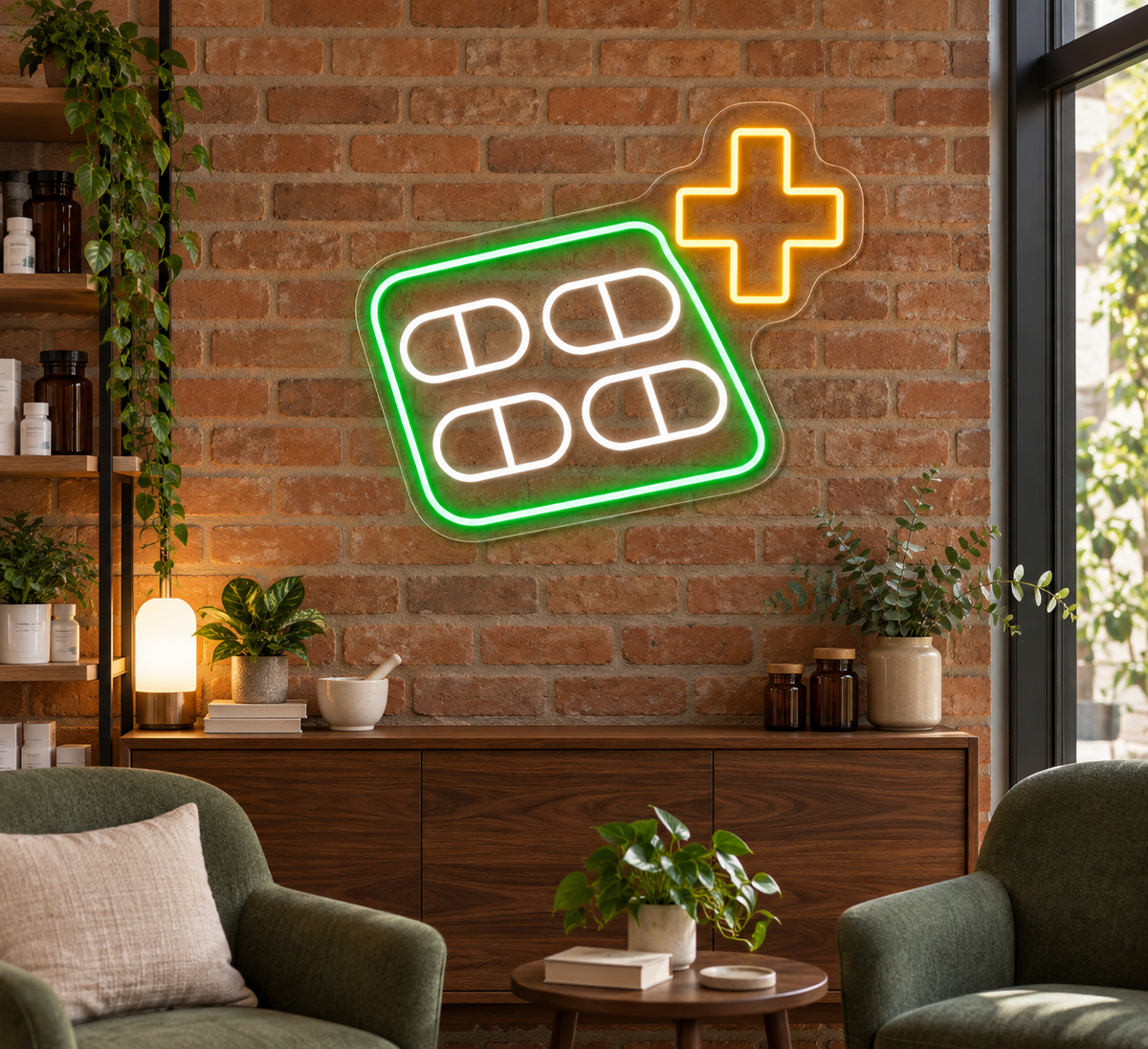 Pill Pack & Medical Cross LED Neon Sign for Pharmacies - interior setting