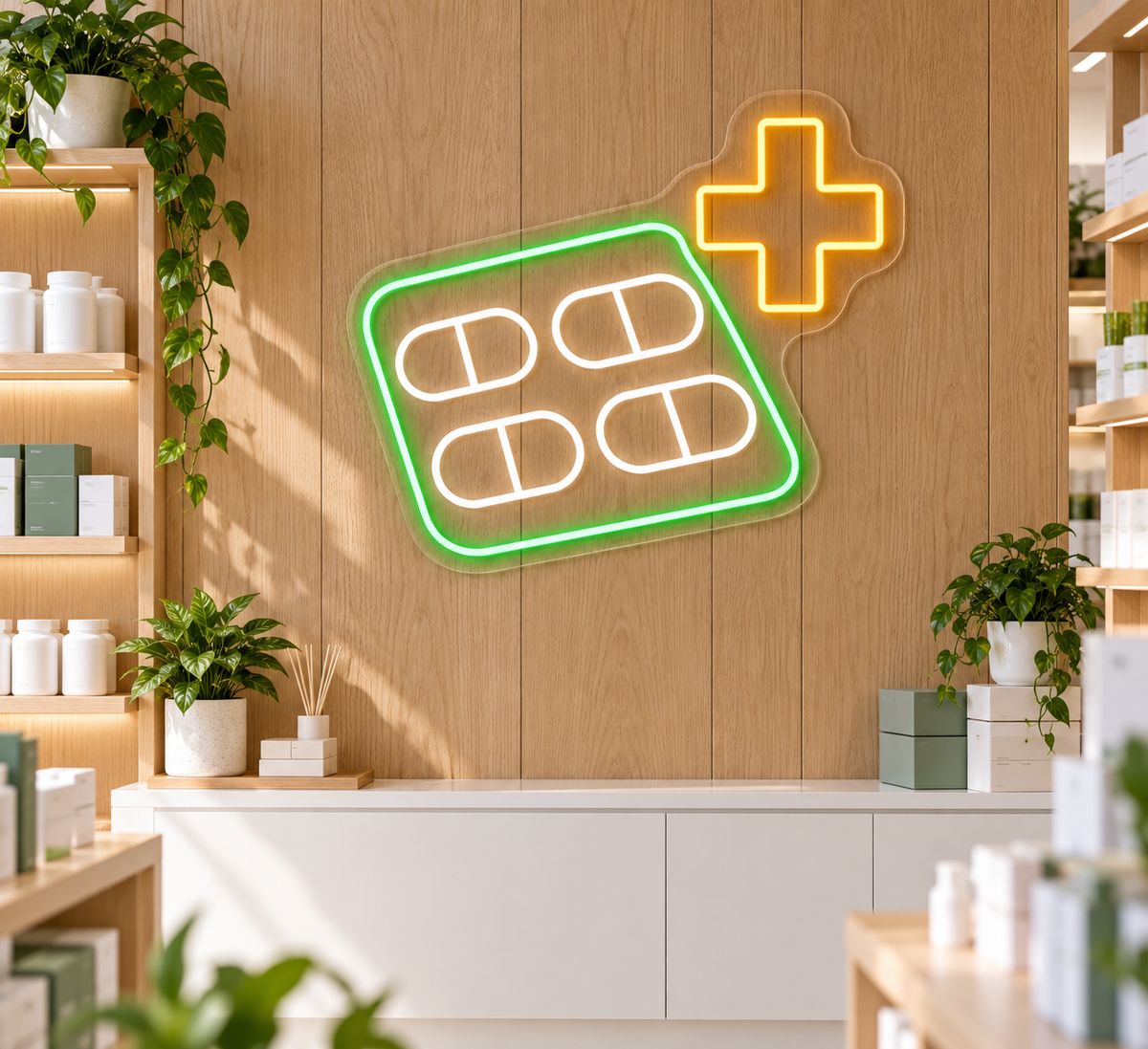 Pill Pack & Medical Cross LED Neon Sign for Pharmacies - interior setting