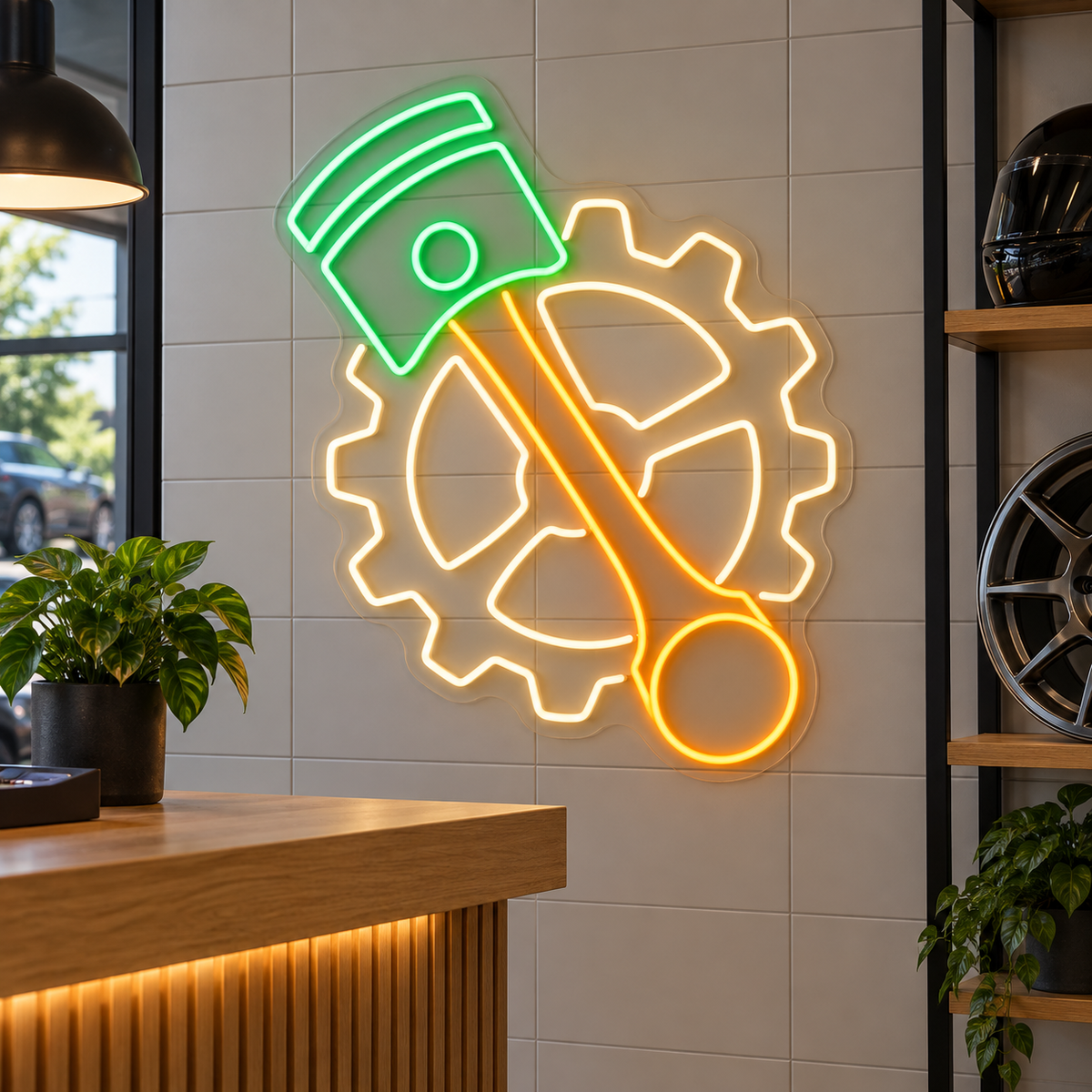 Piston and Gear LED Neon Sign for Repair Workshops - interior setting