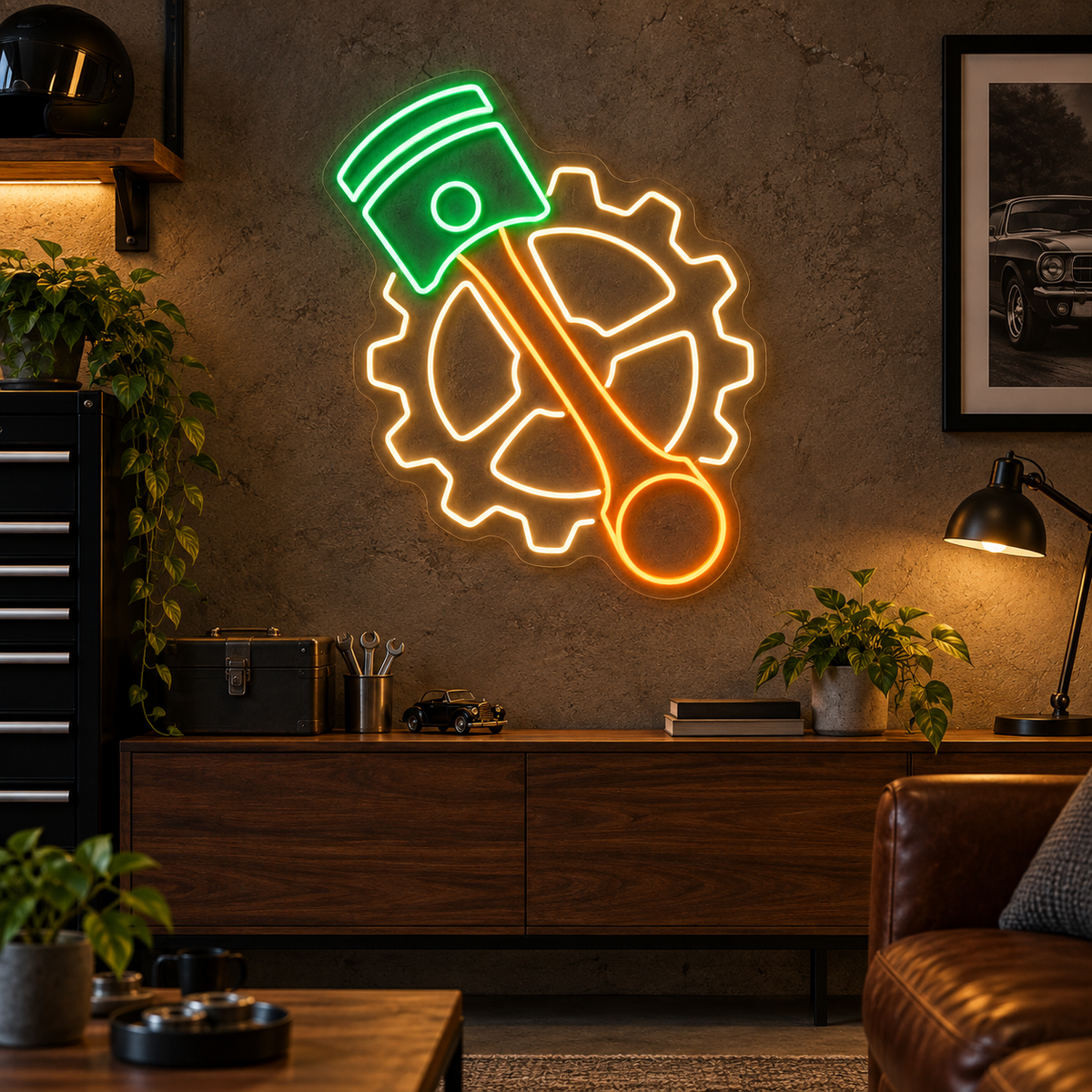 Piston and Gear LED Neon Sign for Repair Workshops - interior setting