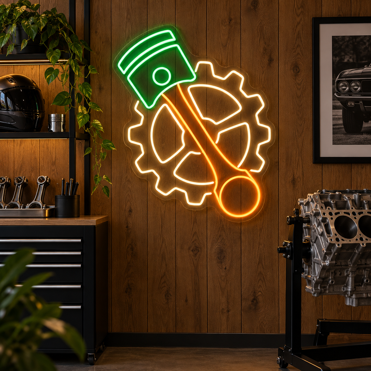 Piston and Gear LED Neon Sign for Repair Workshops - interior setting