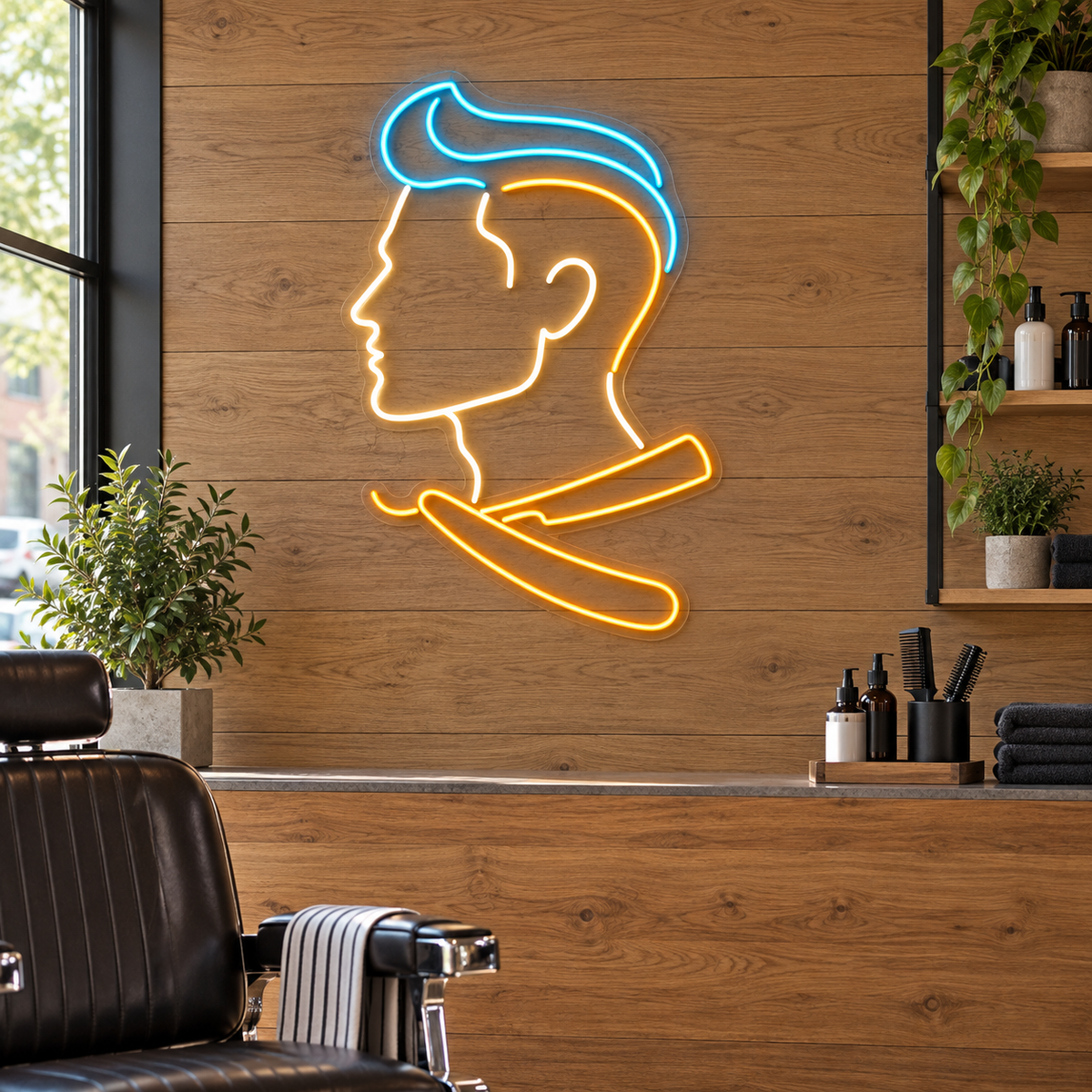 Pompadour & Razor LED Neon Sign for Barber Schools - interior setting