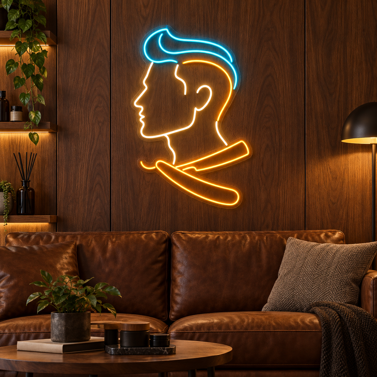 Pompadour & Razor LED Neon Sign for Barber Schools - interior setting