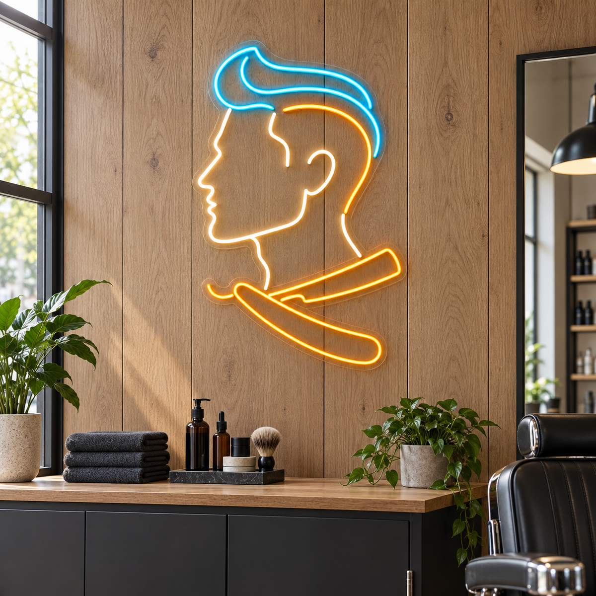 Pompadour & Razor LED Neon Sign for Barber Schools - interior setting