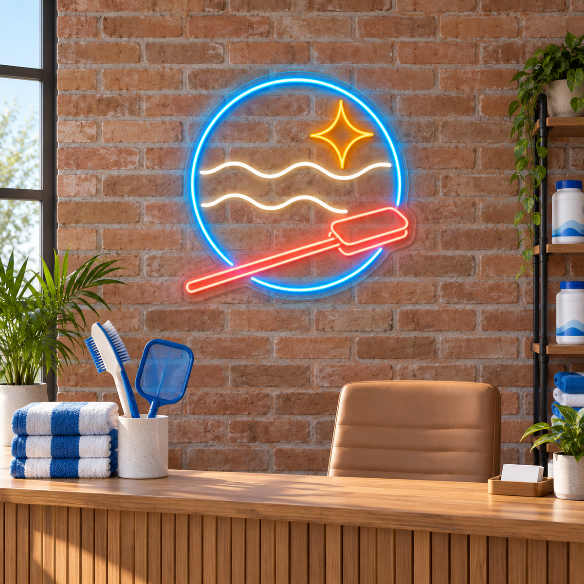 Pool Tool & Waves LED Neon Sign for Pool Service Offices - interior setting