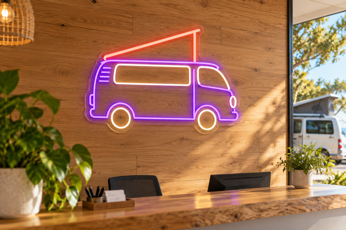 Pop-Top Camper Van LED Neon Sign for Road-Trip Rooms - interior setting