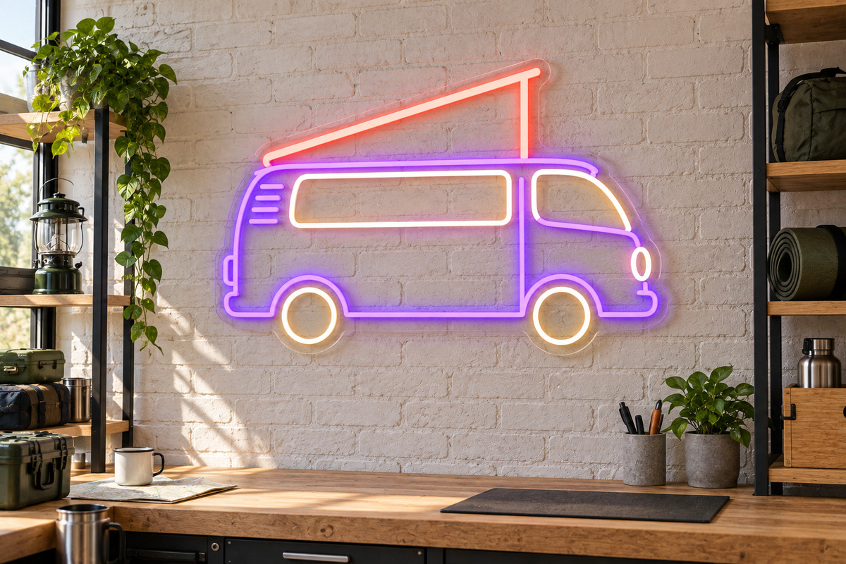 Pop-Top Camper Van LED Neon Sign for Road-Trip Rooms - interior setting