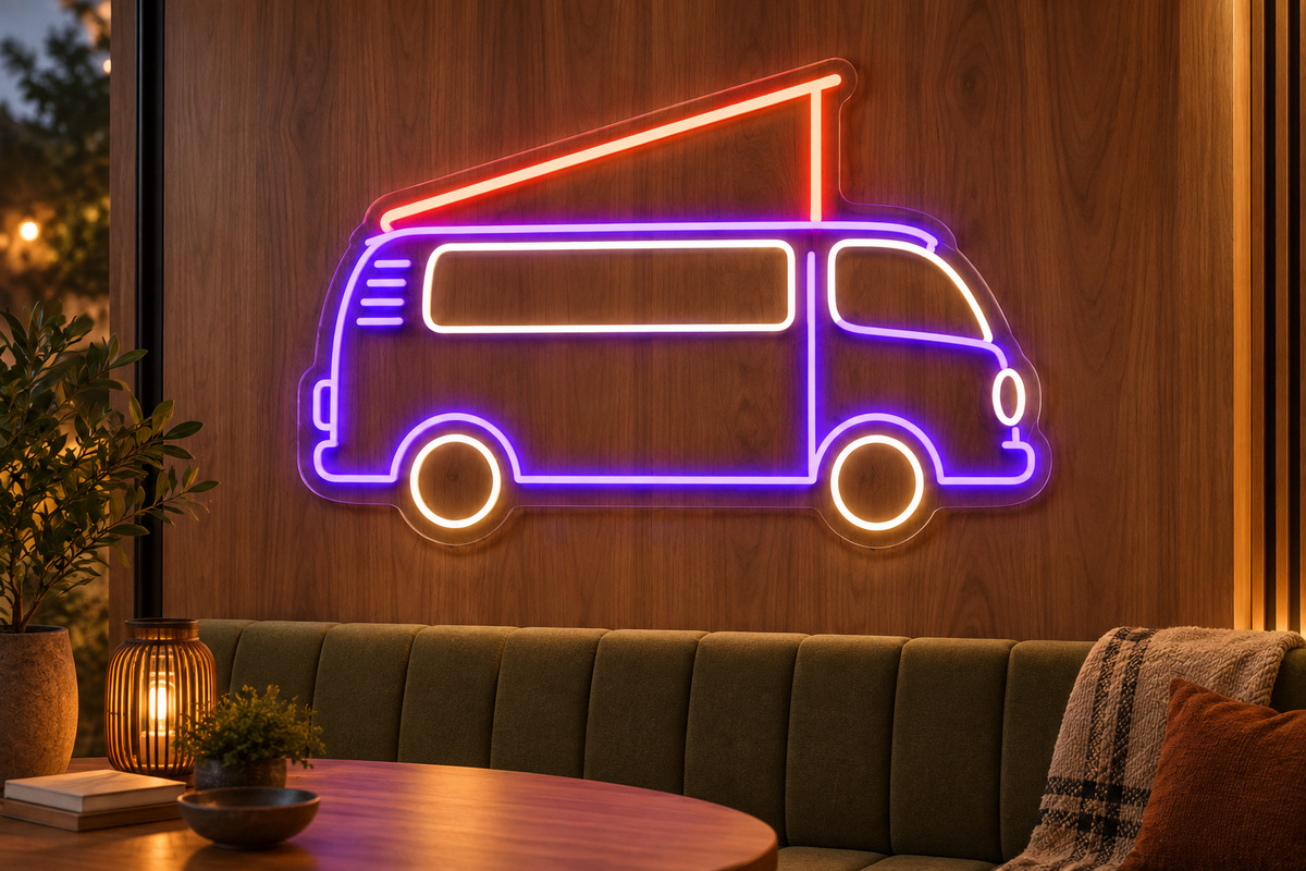 Pop-Top Camper Van LED Neon Sign for Road-Trip Rooms - interior setting