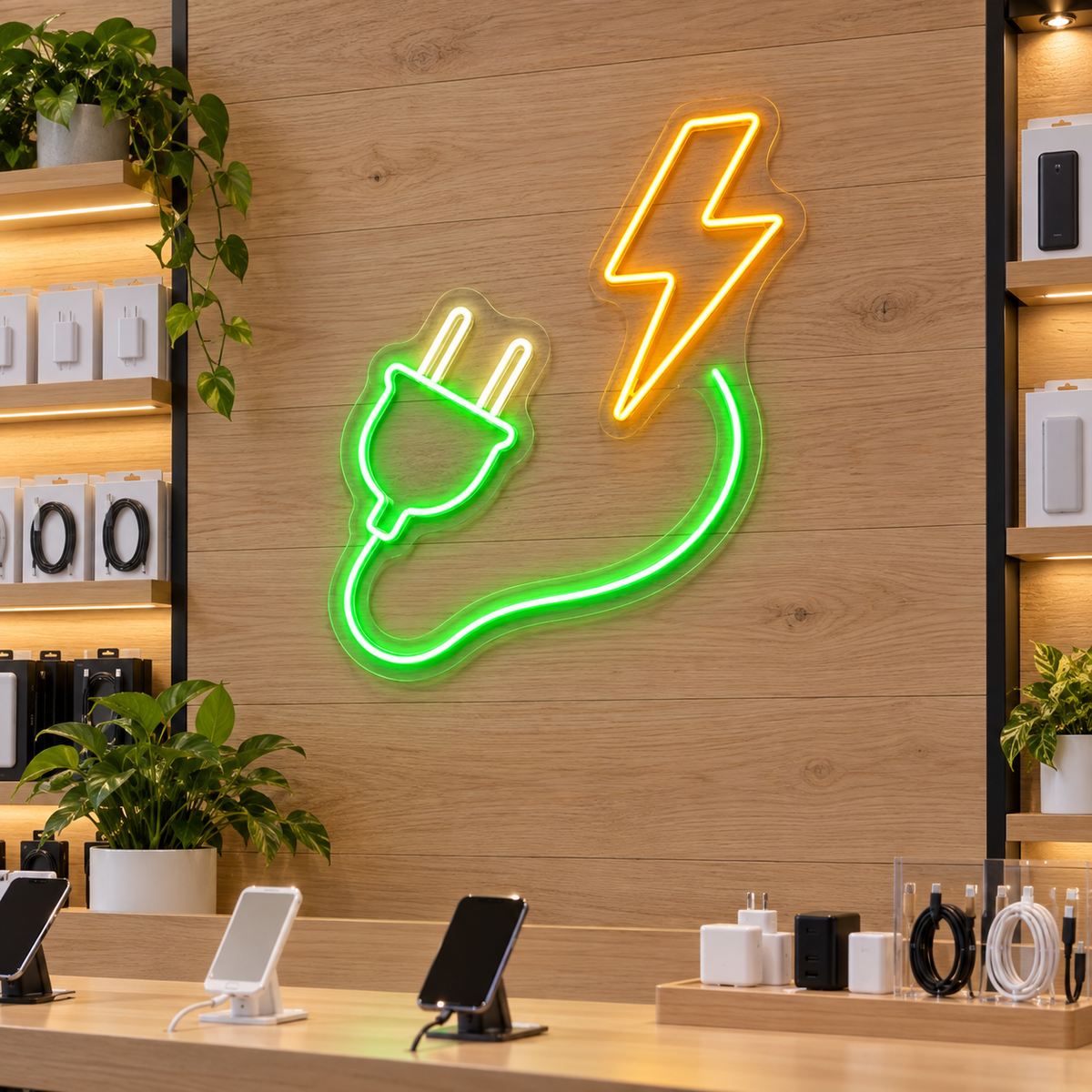 Power Plug and Lightning Bolt LED Neon Sign for Electronics Shops - interior setting